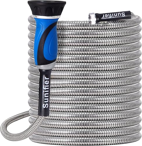 Manguera de jardín de metal de 100 pies, flexible de acero inoxidable, manguera de agua resistente de 100 pies con boquilla de manguera de alta