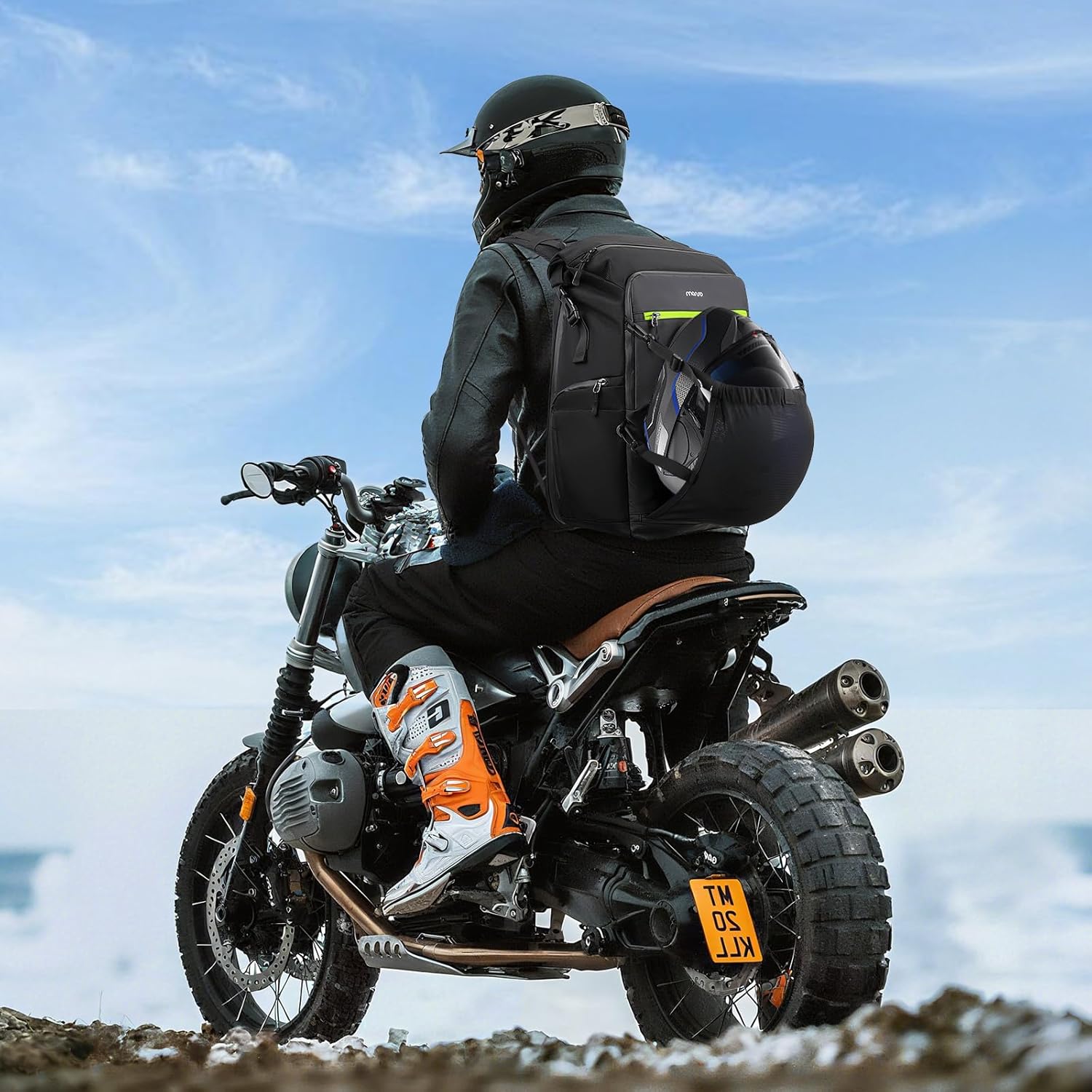 Sac à Dos Moto MOSISO Avec Filet Pour Casque - Grande Capacité Extensible, Compartiment Ordinateur 16", Noir
