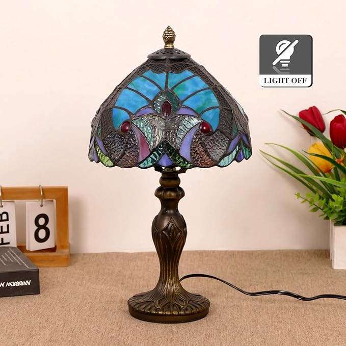 VirtueKing Tiffany Lamp Green Handmade Stained Glass Table Lamp Desk Light 8" Wide 14" Tall Vintage Tiffany Style Table Lamp for Bedroom Living Room Home Office with Color Changing LED Bulb photo 3