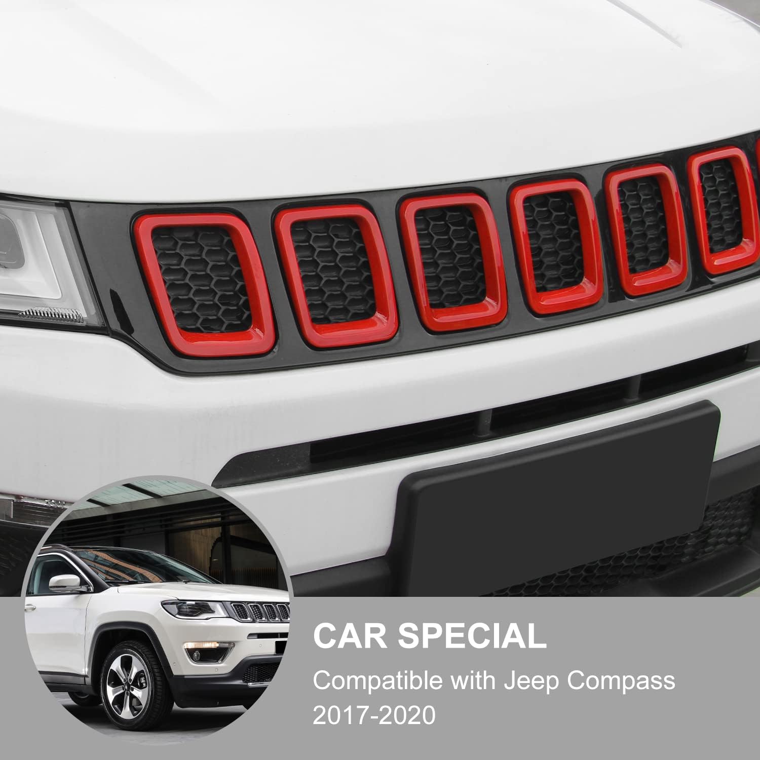 Grille Grill Cover Inserts Frame Trim Kit for Jeep Compass 2017 2018 2019 2020 (Red)