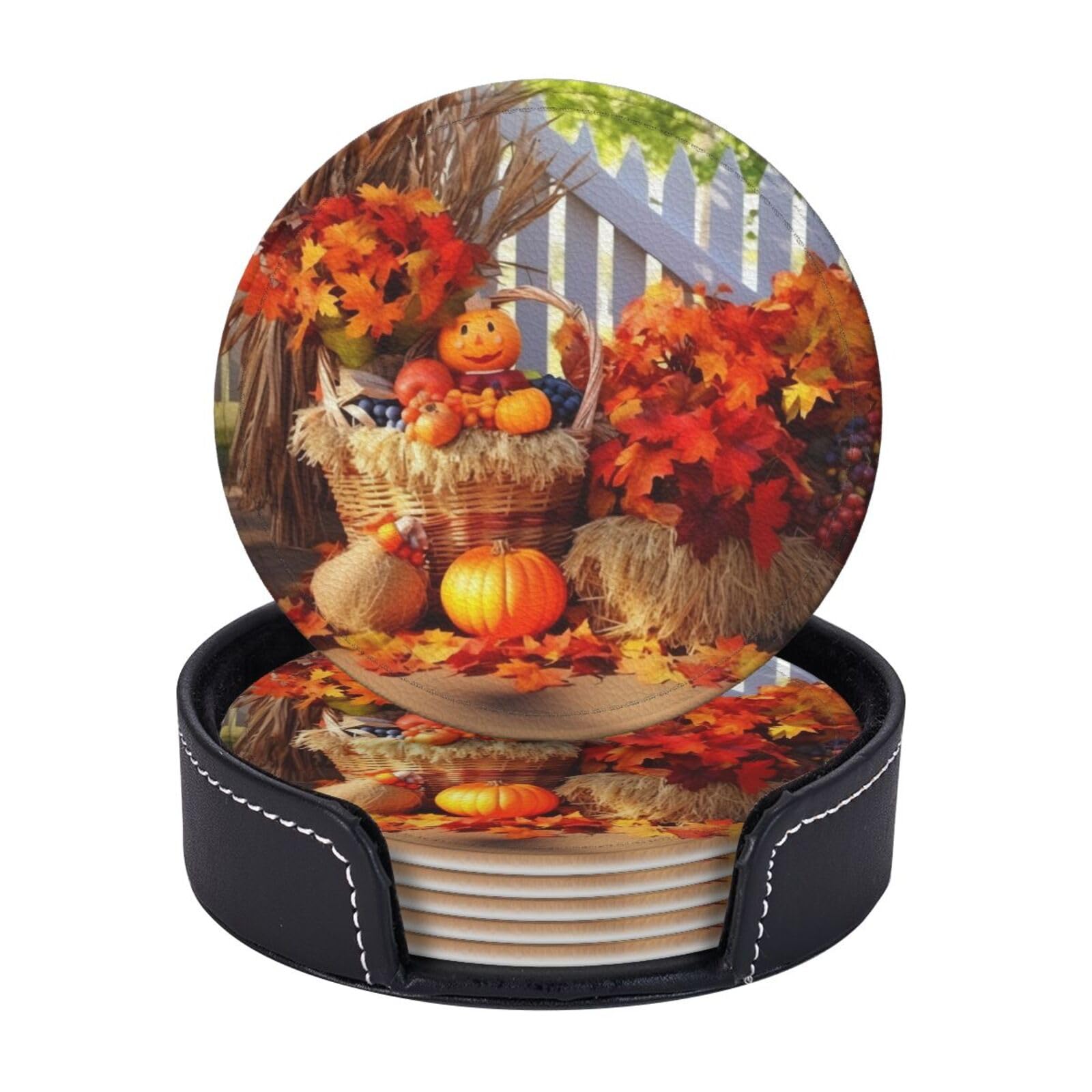Kthsnskl Autumn Thanksgiving Round Coaster For Drinks Set Of 6, Pu Leather Coasters With Holder, 4" Drink Coasters For Coffee Table, Cup Coaster For Tabletop Protection Drinking Cup Mat