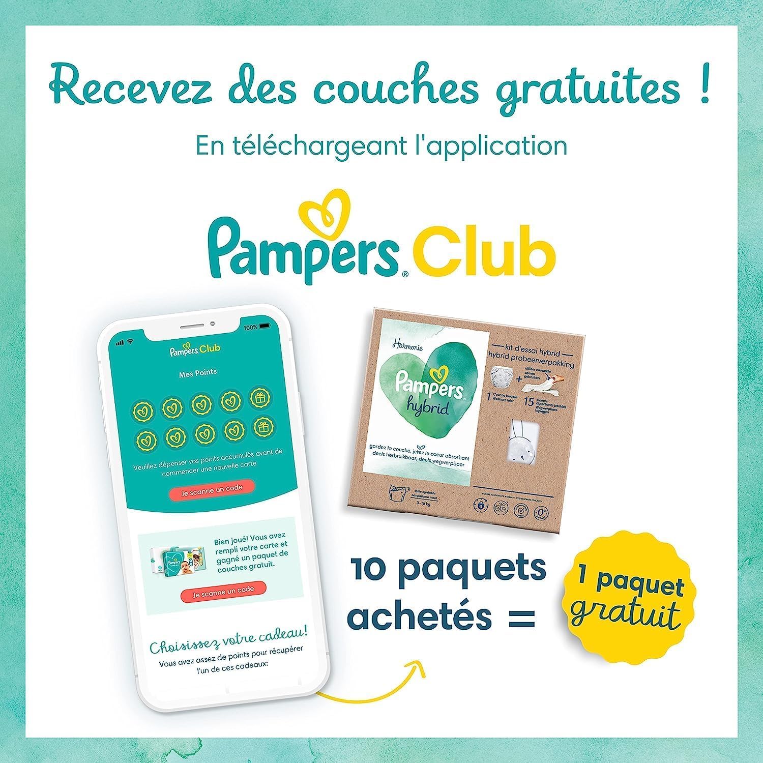 Pampers Harmonie Hybrid, 216 corazones de protección desechables para pañal lavable híbrido, 100% de absorción, protege la piel sensible de los bebés, ingredientes de origen vegetal y sin perfume