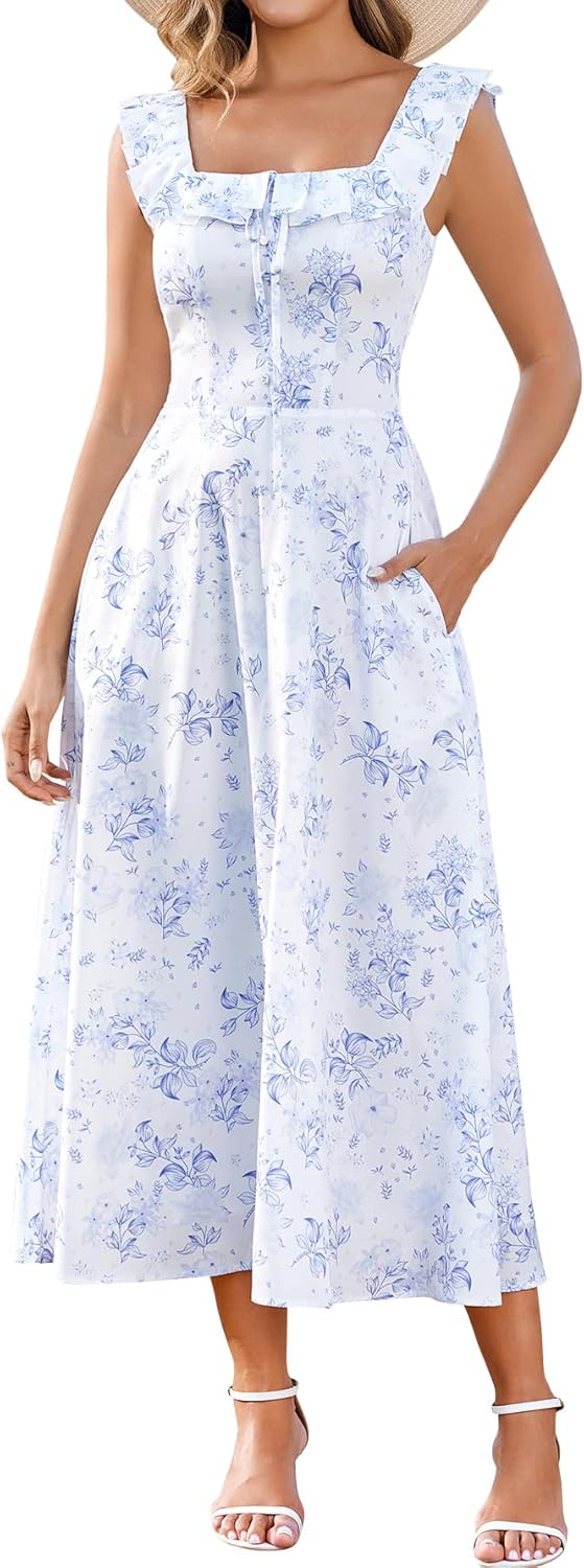 Parthea Women's Elegant Floral Square Neck Midi Dress Ruffled A line Flowy Casual Sundress with Pockets