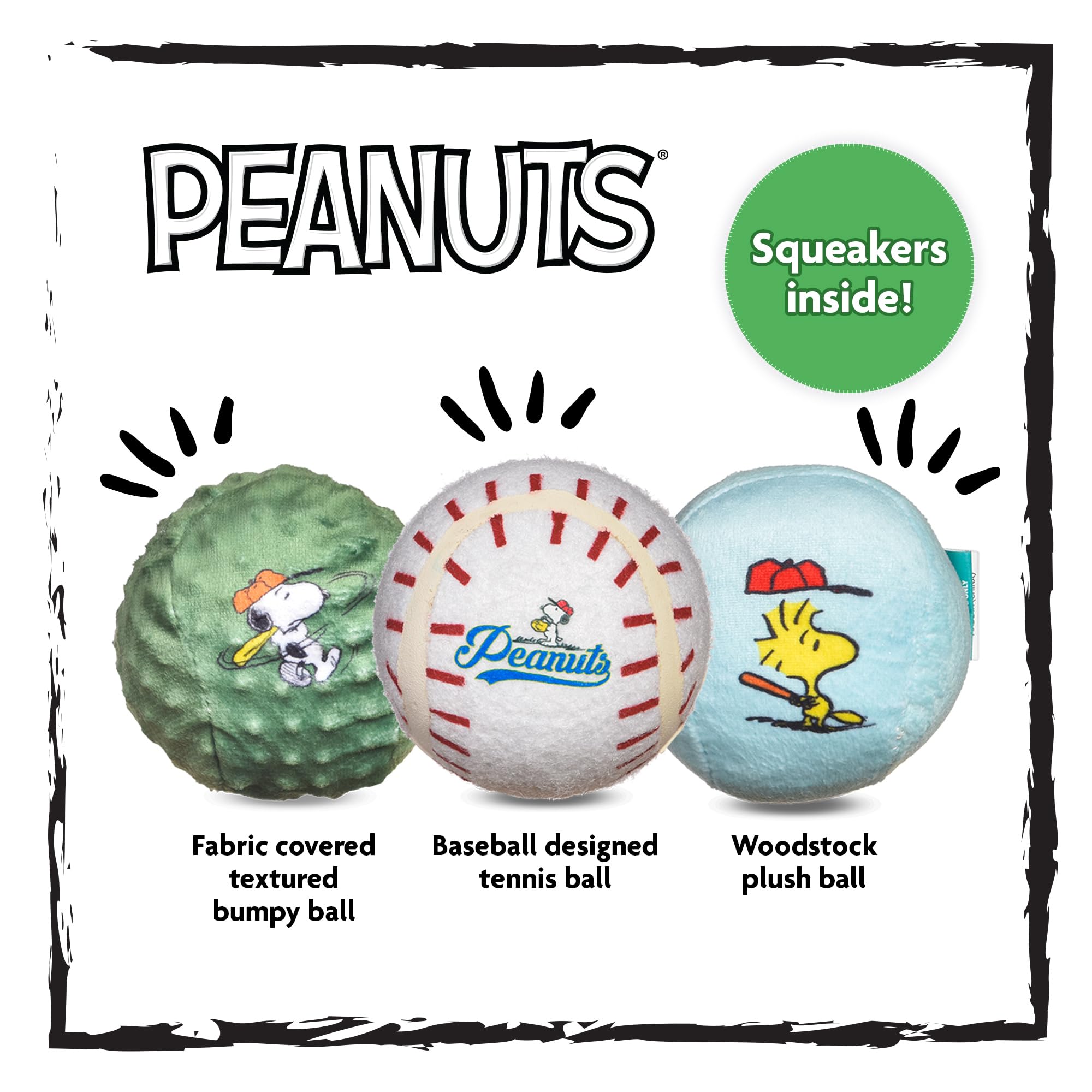 Peanuts for Pets Snoopy The Athlete Multi-Material Dog Ball Toy, 3-Pack - Squeaky, Interactive Dog Toys with Multiple Textures, Perfect for Fetch and Chew - Featuring Snoopy and Woodstock Designs