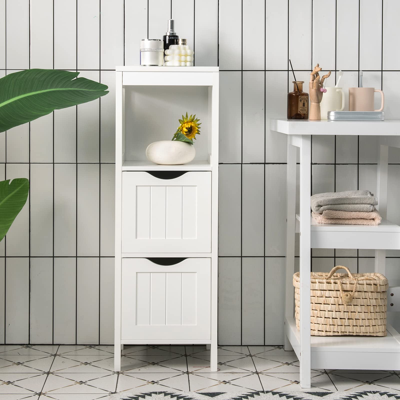 Tangkula Small Bathroom Storage Cabinet with 2 Removable Drawers, Wood Freestanding Floor Cabinet for Bathroom, Anti-Tipping Device, Side Corner Small Cabinet for Small Spaces (White)