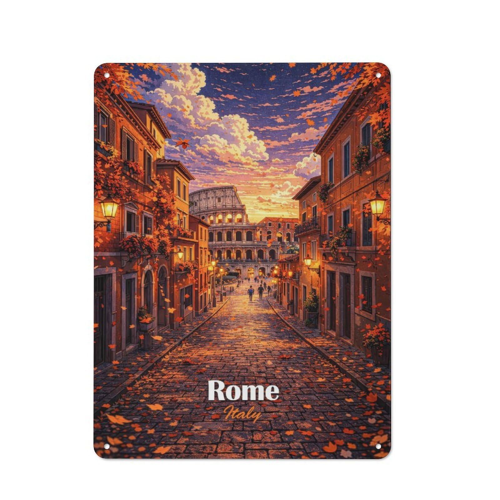 Junmoney Style Rome Street With Colosseum At Sunset Retro Tin Wall Plaque 40X30cm For Hobby Room Or Studio, New Home Wall Decor For Hobby Room Decor Fans