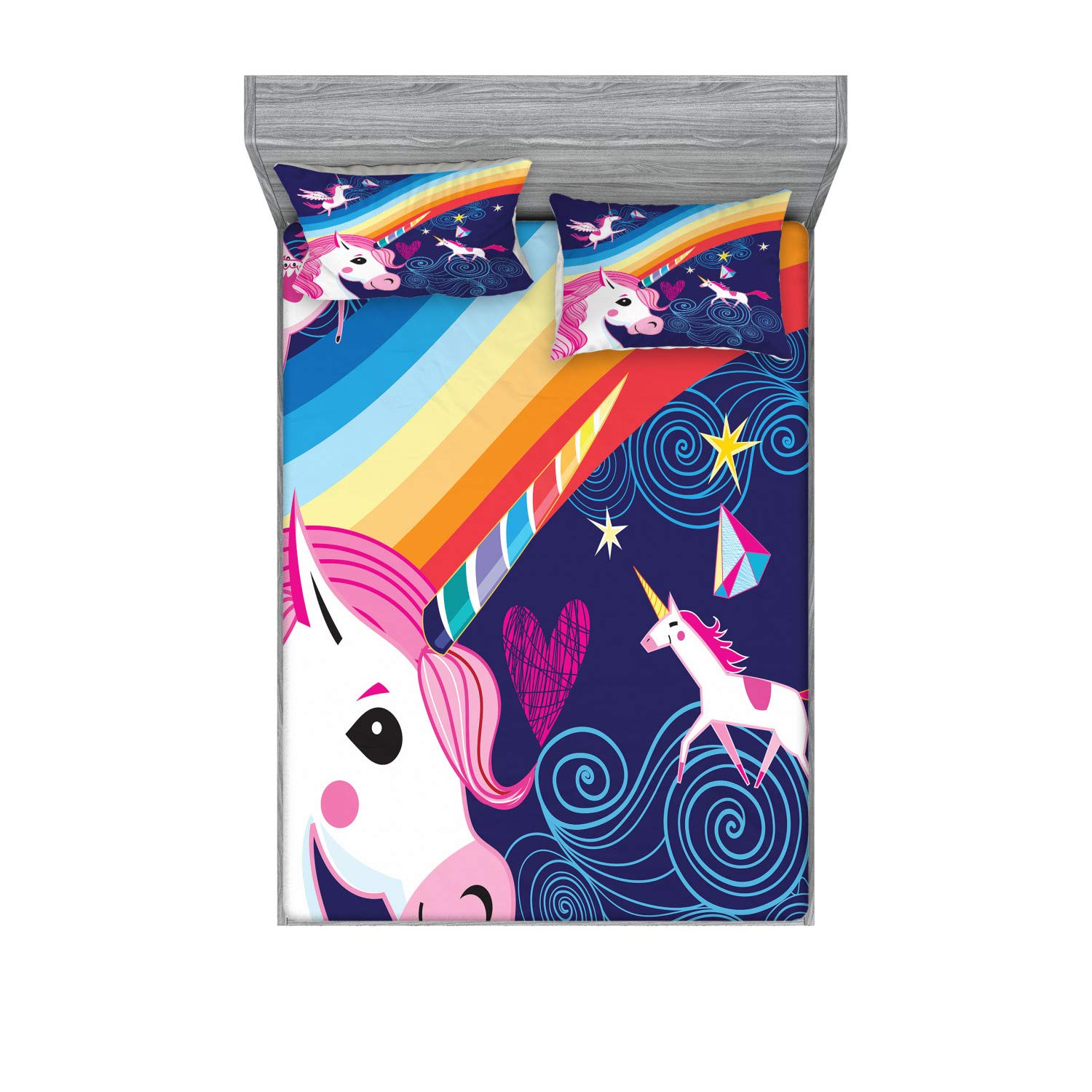 Ambesonne Unicorn Fitted Sheet & Pillow Sham Set, Colorful Arrangement of Mythical Animals in The Sky with Rainbows Girly Design, Decorative Printed 3 Piece Bedding Decor Set, Calking, Lavender