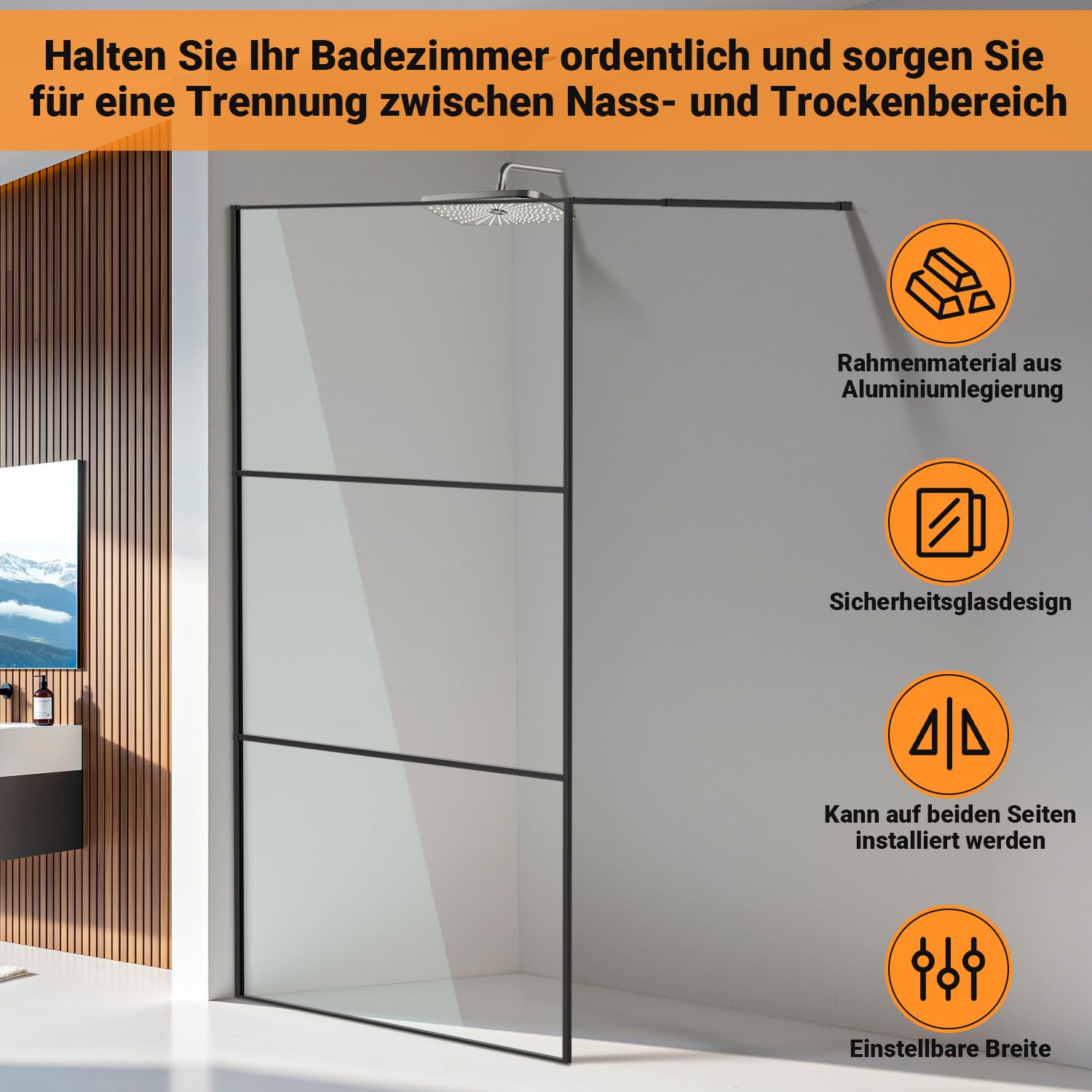 Cabine de douche Walk-in 120 x 200 cm Noir, Paroi de douche en verre avec verre de sécurité ESG de 5 mm, design à cadre tripartite, cadre en aluminium, séparation de douche pour douche à