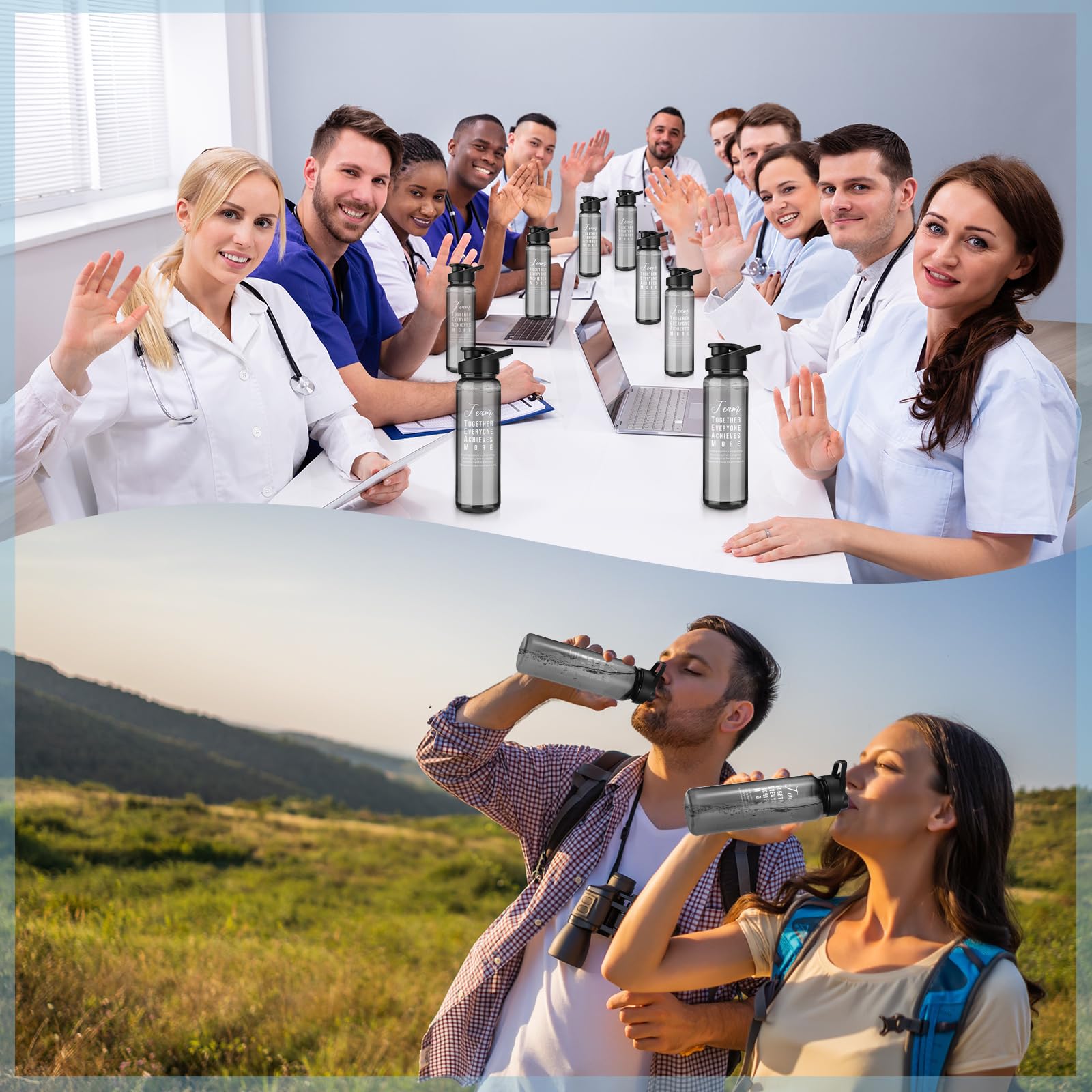 Pinkunn Wasserflaschen für Mitarbeiter, Dankeschön, 680 ml, inspirierende Geschenke, Sportflaschen mit Deckel, für Kollegen, Mitarbeiter, Krankenschwestern, Gruppe, transparent, Grau, 12 Stück