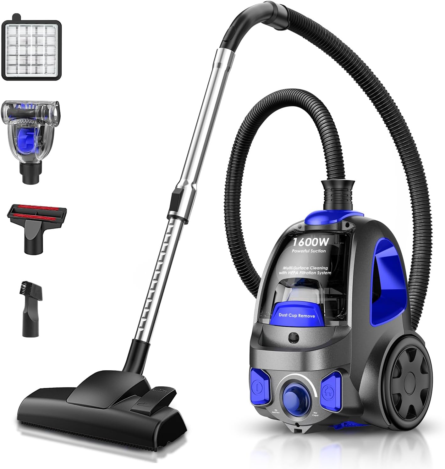 Canister Vacuum Cleaner, 40Kpa 1600W Cyclon Power Bagless Canister Vacuum Cleaners for Home, 3.7QT Large Dust Cup, Lightweight Vac for Hard Floors, Carpets, Pet Hair, Blue - Thumbnail 2