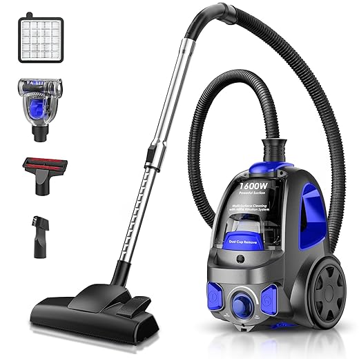 Canister Vacuum Cleaner, 32Kpa 1600W Cyclon Power Bagless Canister Vacuum Cleaners for Home, 3.7QT Large Dust Cup, Lightweight Vac for Hard Floors, Carpets, Pet Hair, Blue