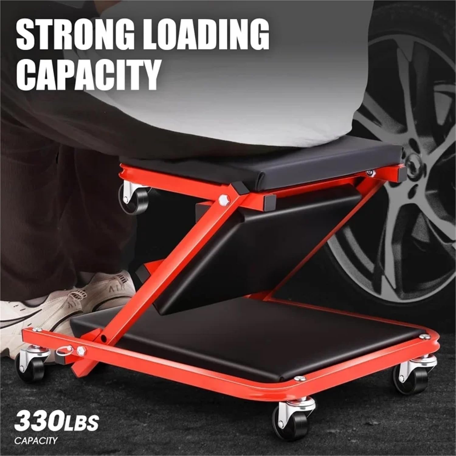 Garage Shop Creepers Red 2 in 1 Rolling Folding Car Creeper/Seat for 36 Inches, 150kg Weight Capacity, 6 Pcs 2" Casters