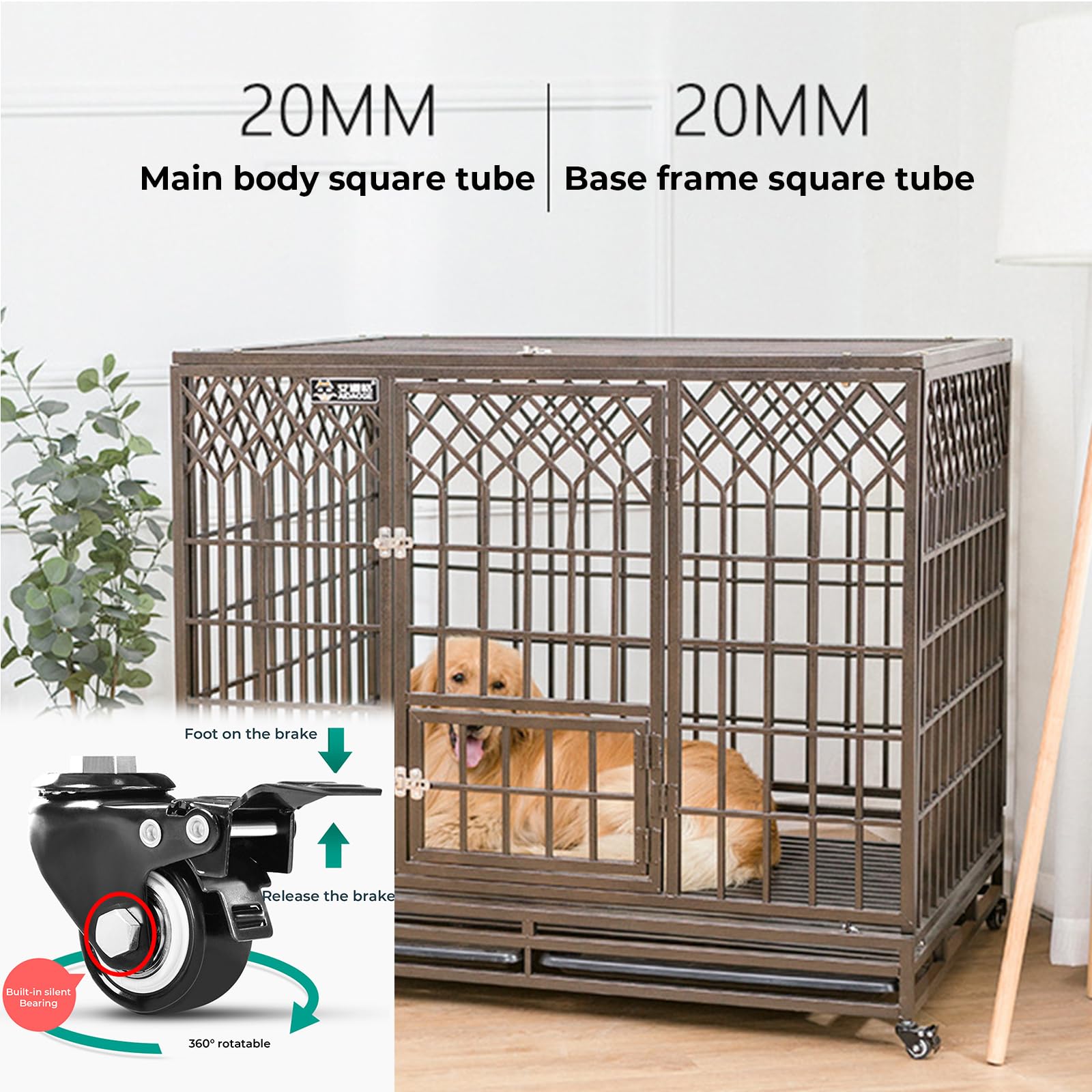 Jaula Para Perros Grande, Caseta De Metal Interiores Con Ansiedad Por Separación, Ruedas Bloqueables Y Bandeja Extraíble, Caja Para Perros Fácil De Montar Con Cuatro Ruedas,41.3"Lx30.3"Wx37.4"H
