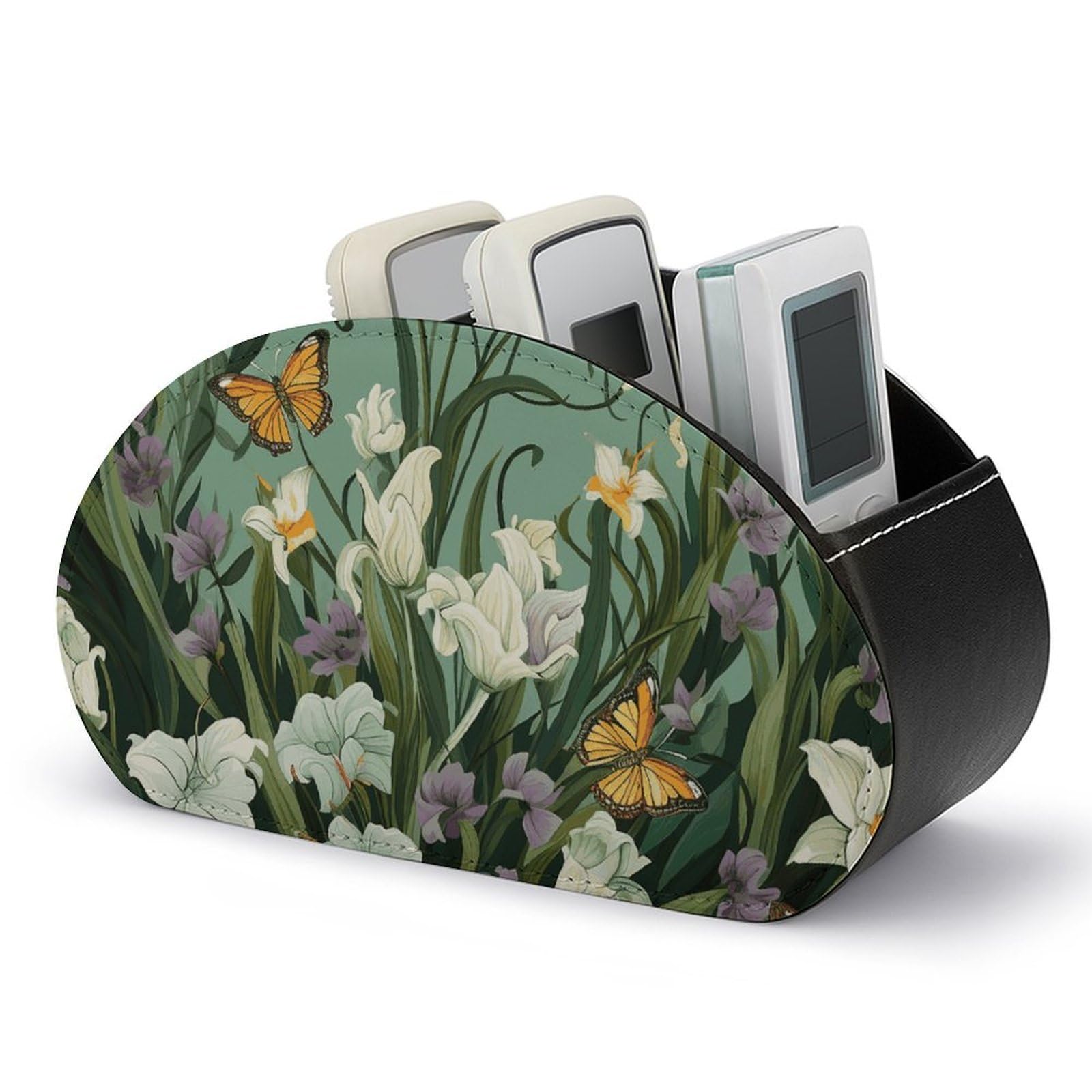 Flowers And Butterflies on Green Background Remote Control Holder with 5 Compartment Organizer Box, Leather TV Remote Holder Organizer Caddy for Table, PU Leather Remote Box for Nightstand Office Desk