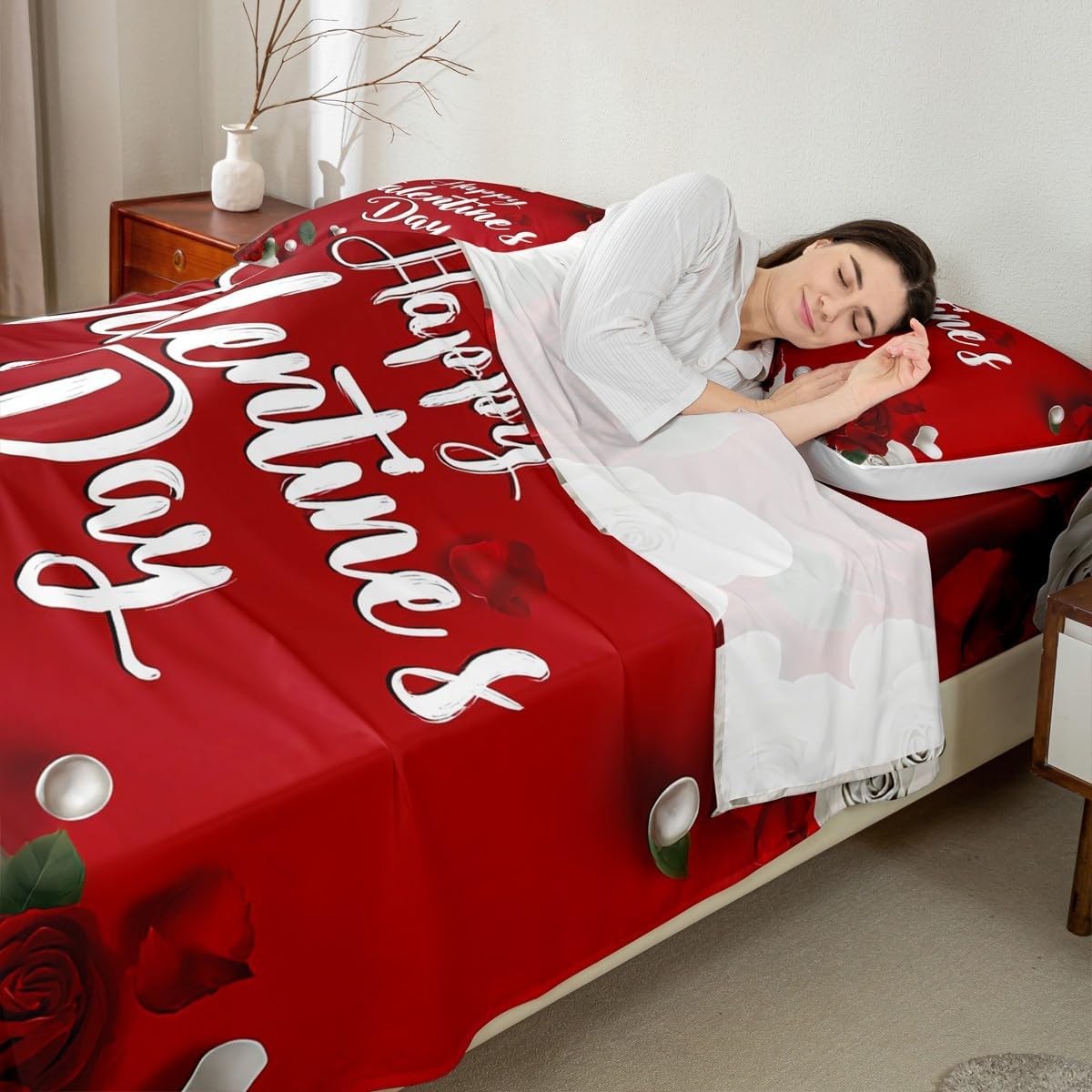 Happy Valentine's Day Sheet Set Queen Size Red Rose Floral Bedding Set 4Pcs for Women Men Adults Room Decor Wedding Romantic Deep Pocket Sheet Red White Patchwork Top Flat Sheet,2 Pillowcases