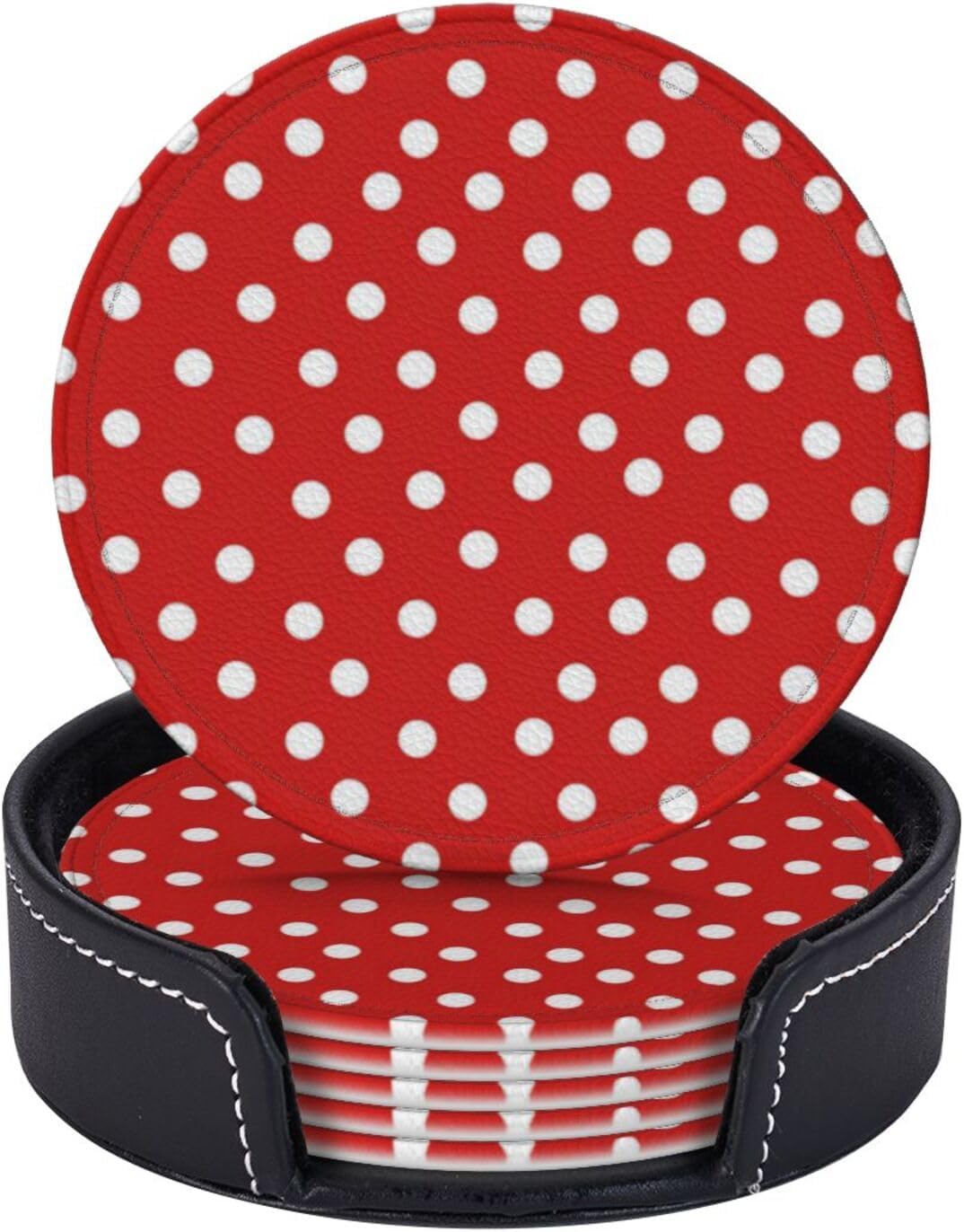 赤い水玉模様のコースター、ホルダー付きドリンク、コーヒーテーブル、ホームキッチンテーブル、オフィス用コースター6枚 4インチ