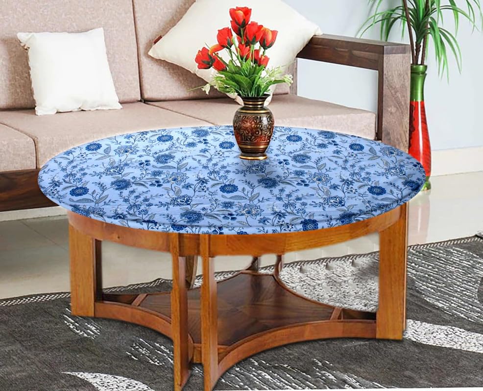 Image of The Furnishing Tree Elastic Cotton Round Center Table Cover 20x20 in Inches Floral Navy Blue