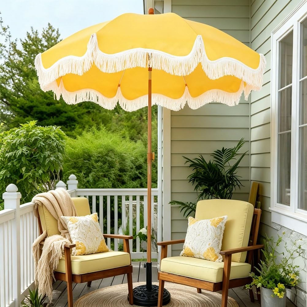 Żółty Parasol Plażowy 200 cm z Kotwicą do Piasku, Parasol Ogrodowy z Frędzlami, Przycisk Nachylenia i Słupkiem o Regulowanej Wysokości