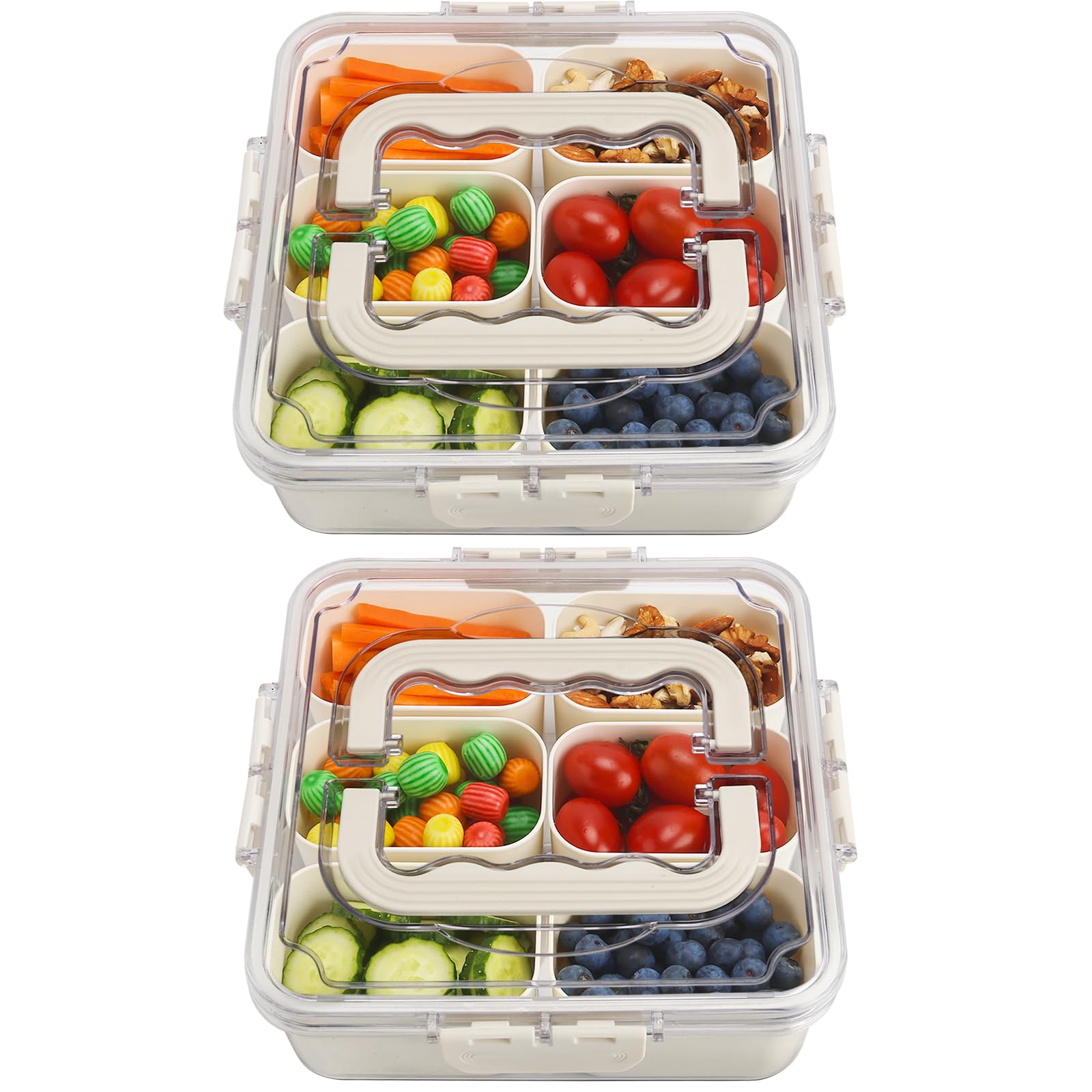 Photo 1 of Divided Serving Tray with Lid and Handle, Portable Snack Box Container, 6 Compartments Veggie Fruit Snackle Tray, Charcuterie Platter Container for Party, Nuts, Snacks, Picnic,2 Pack, MEDIUM SIZE