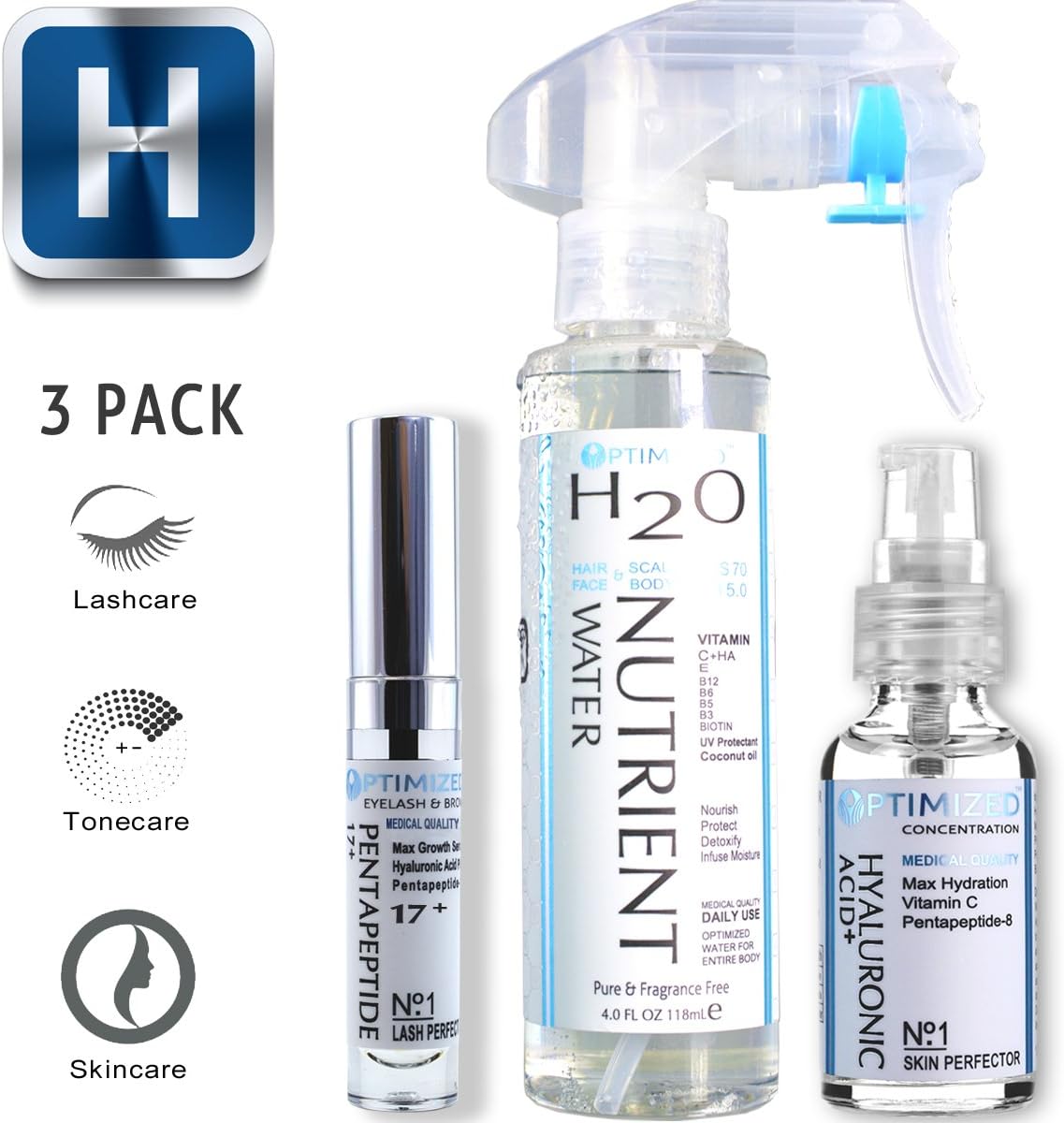 Best Anti-Aging 3 Pack Skin, Hair & Lash System by OPTIMIZED, Professional Grade Hyaluronic Acid HA plus Vitamin C, Balancing Facial Toner, and P17 Lash Growth - Love it or your money back!