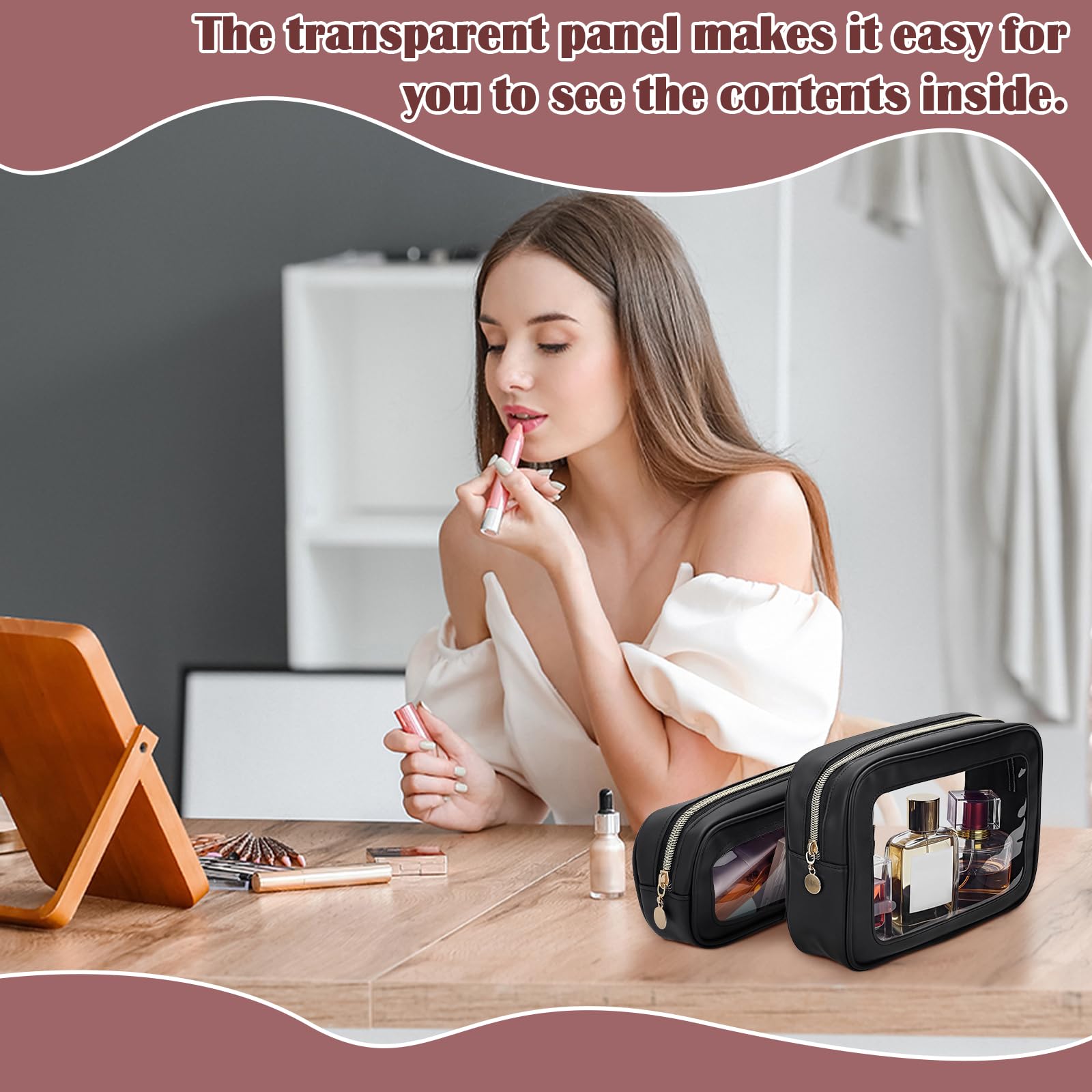12 Stück Klare Makeup Taschen mit Reißverschluss 3 Größen PVC Toilettentasche wasserdichte Kosmetik Koffer Organizer für Frauen Hochzeit Braut DIY Geschenke Reisen Urlaub Fitness Schwarz