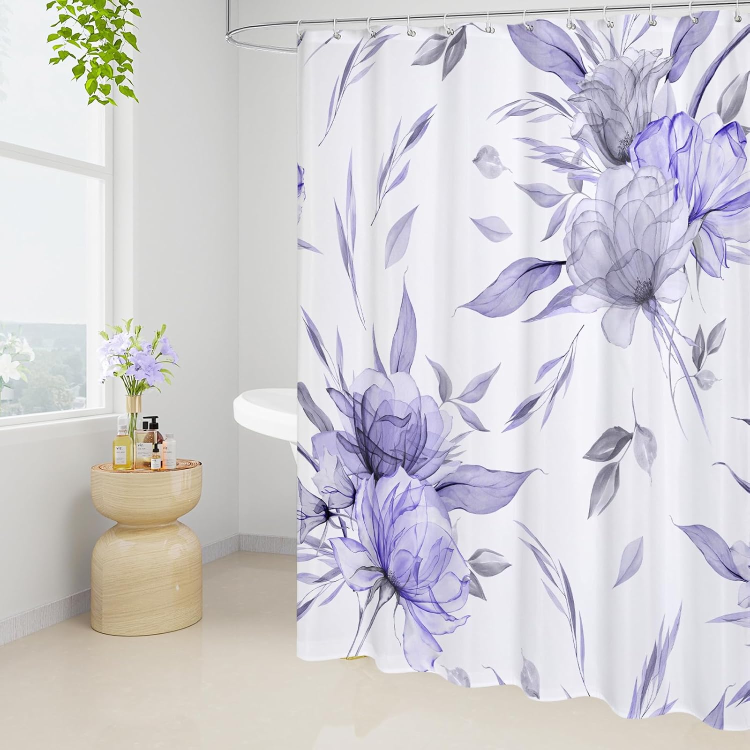 Litabel Small Stall Boho Watercolor Floral Shower Curtain 36 x 72, Purple and Grey Ink Painting Style Flower Shower Curtains for Chic Rustic Bathroom, Artistic Narrow Half Size Shower Curtain