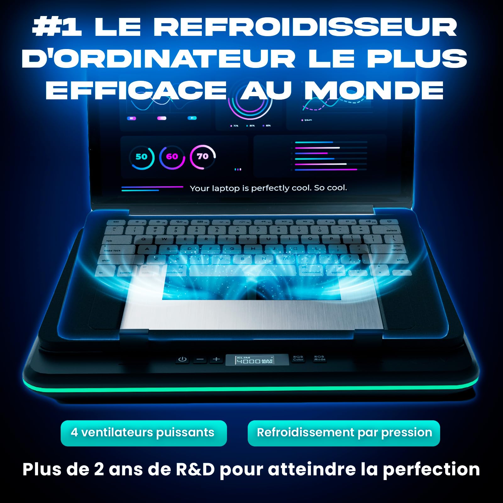 KLIM Turbofrost Refroidisseur PC Portable 4 Turbo Ventilateurs - 4x4000 RPM, 4 Ports USB, RGB Dynamique, 2 Modes d'alimentation USB-C/DC, Mousse Isolante - Support PC Portable 14-17in - Espace Gris