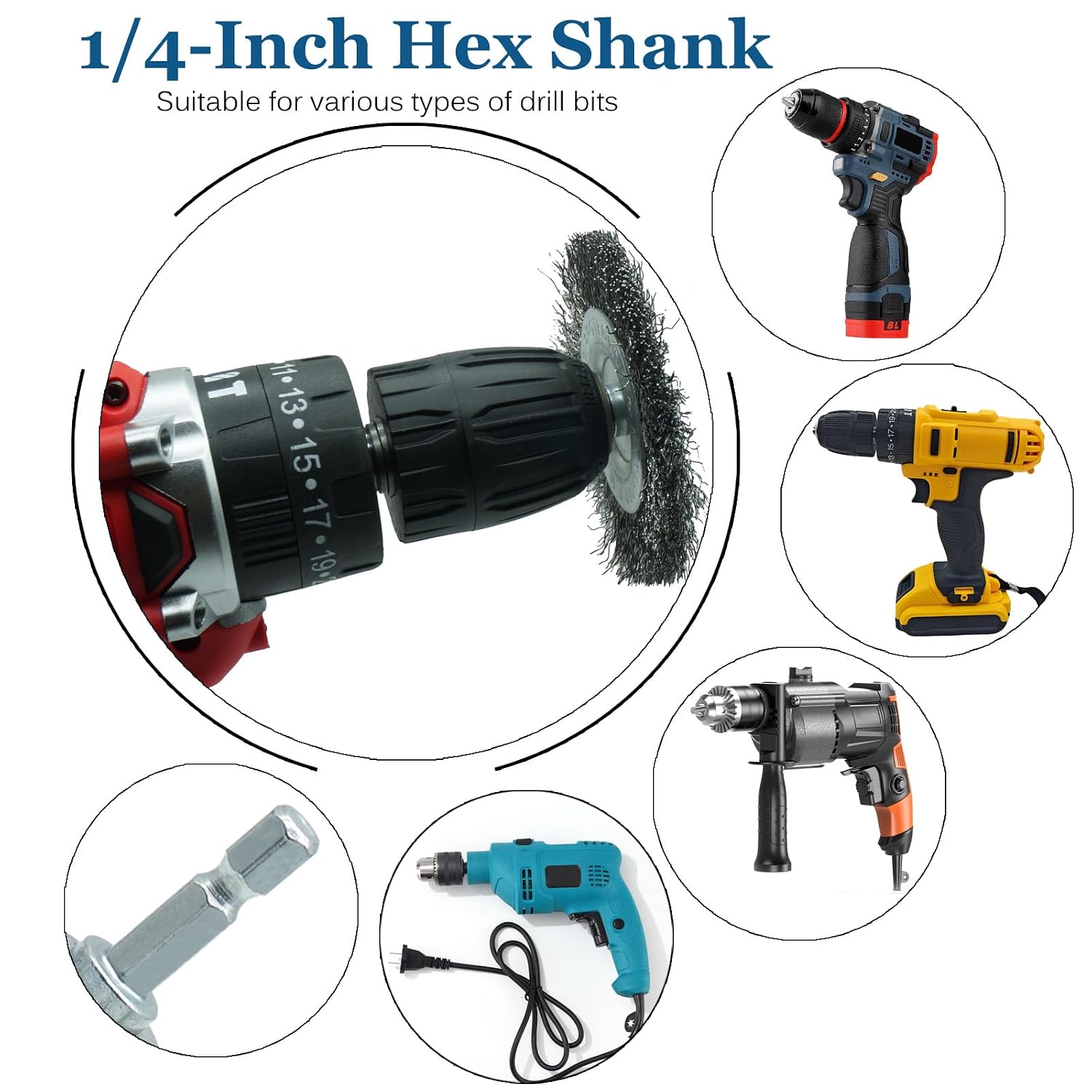 5-Pack 3-Inch Wire Wheel Brush Set for Drill | 1/4-Inch Hex Shank, Coarse Carbon Steel, Aggressive Rust Removal, Paint Stripping, Surface Abrasion