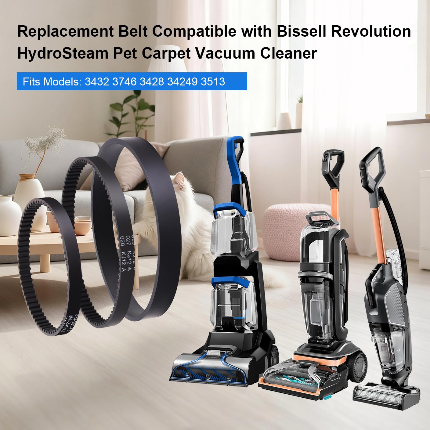 Vacuum Belt Replacement Compatible with Bissell 3432 3746 3428 34249 3513 Revolution HydroSteam Pet Carpet Vacuum Cleaner, Parts # 1635393, 1634216 (3 PCS)