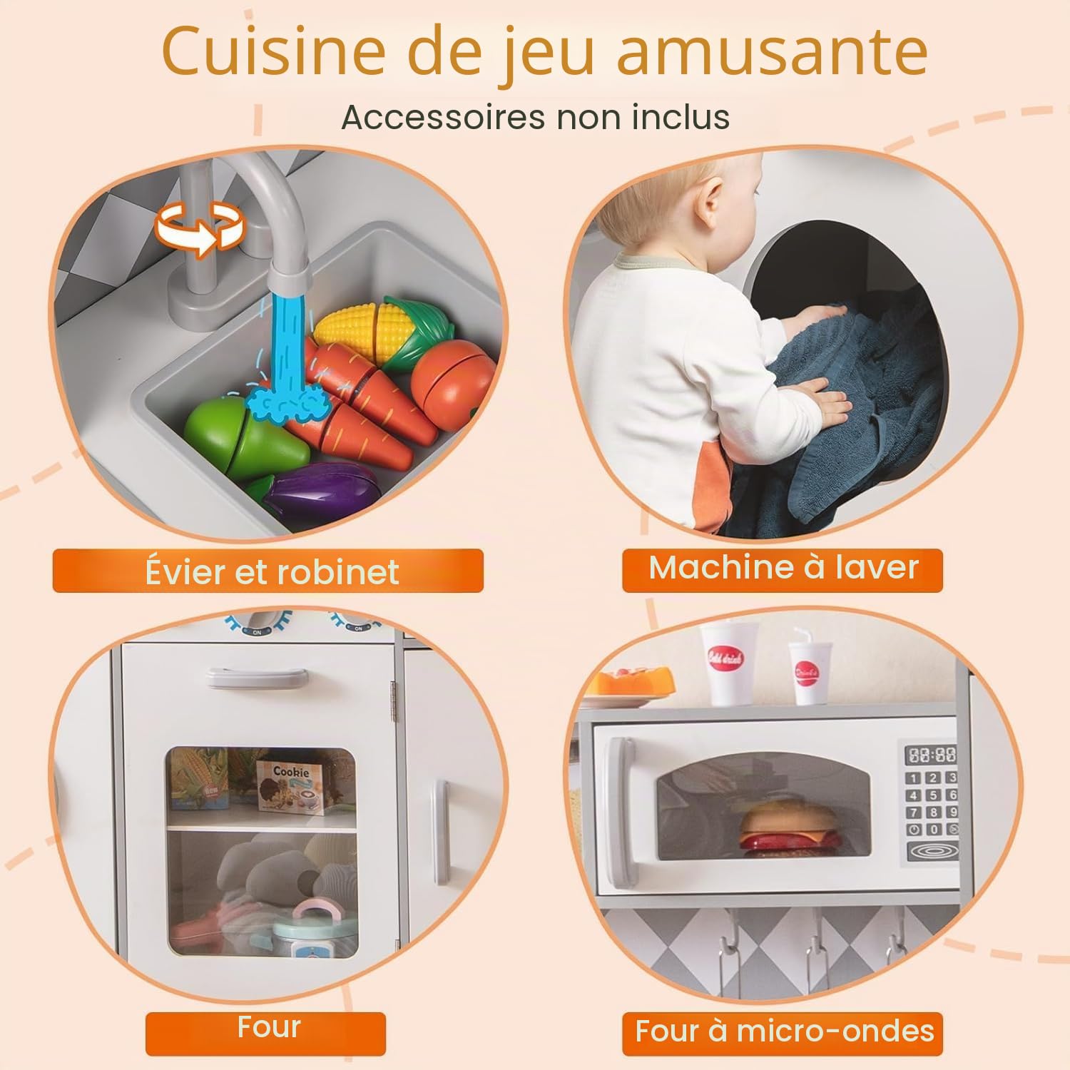 FANTASK Cuisine en Bois pour Enfants à partir de 3 Ans, Cuisine en Bois avec lumière et Son, Cuisine de Jeu avec cuisinière, Machine à Laver, Four, Micro-Ondes, ustensiles de Cuisine