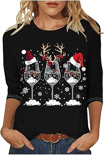 Generic Christmas T Shirt for Women UK,Santa Claus Funny Graphic Xmas Tops Christmas Tree Snowflake Printed Sweatshirt Crew Neck 3/4 Sleeve Pullover Xmas Holiday Blouse Tops for Women Plus Size 8-22