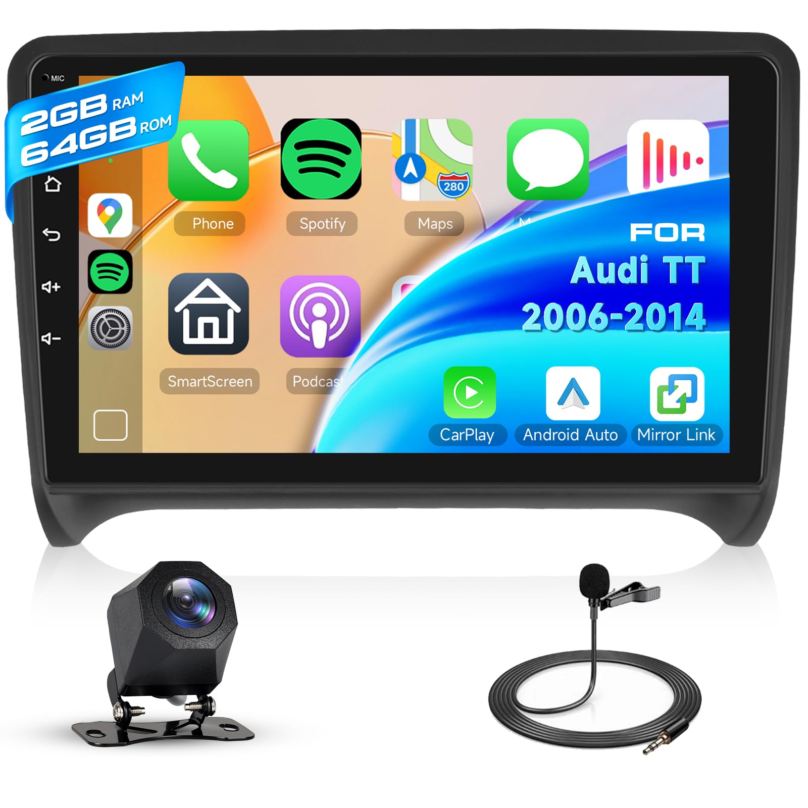 Hodozzy 2G+64G Radio para Audi TT 2006-2014 con Carplay Android Auto Inalámbrico, Reproductor 2 DIN 9 Pulgadas Pantalla Táctil Radio Coche GPS Bluetooth WiFi FM/RDS Cámara Vision Trasera Canbus