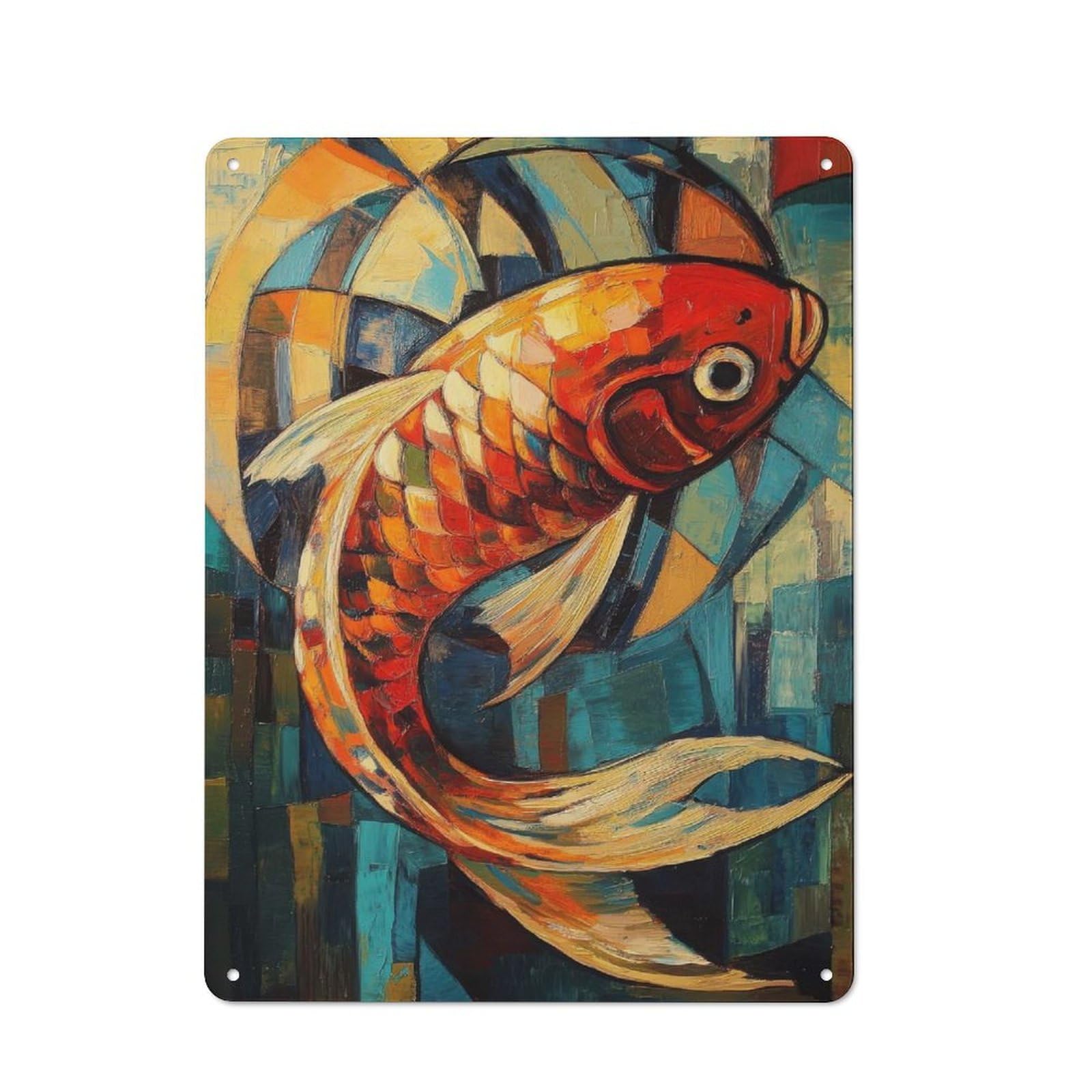 Metal Sign 40x30cm with Koi Fish Oil Painting for Hallway Wall, Rustic Decor, for Wall Display Collectors