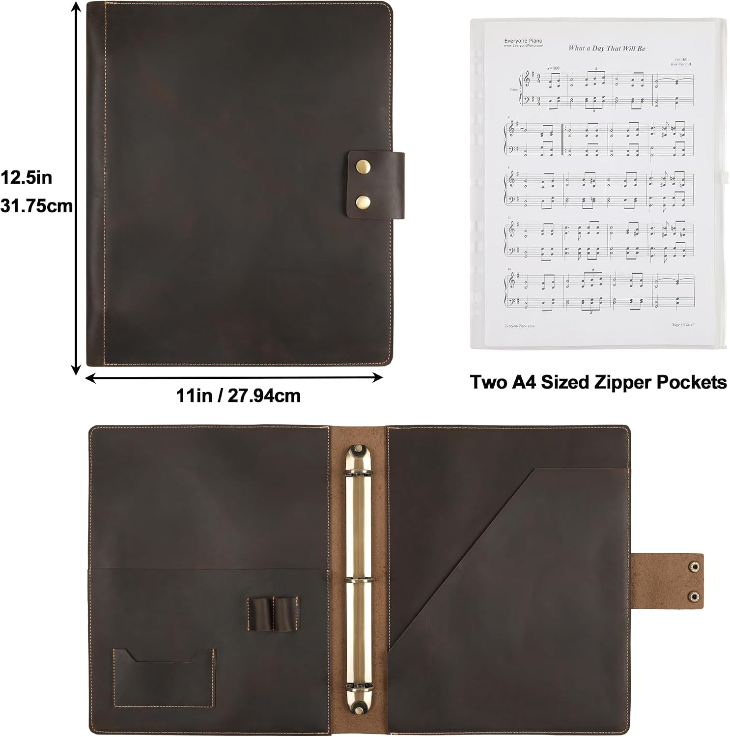 Handmade Leather Music Folder, Sheet Music Binder Personalized Music Holder, Leather Binder 3-Ring for 8.5x11 Music Sheet with Clear Sheet Protectors, Dark Kahki