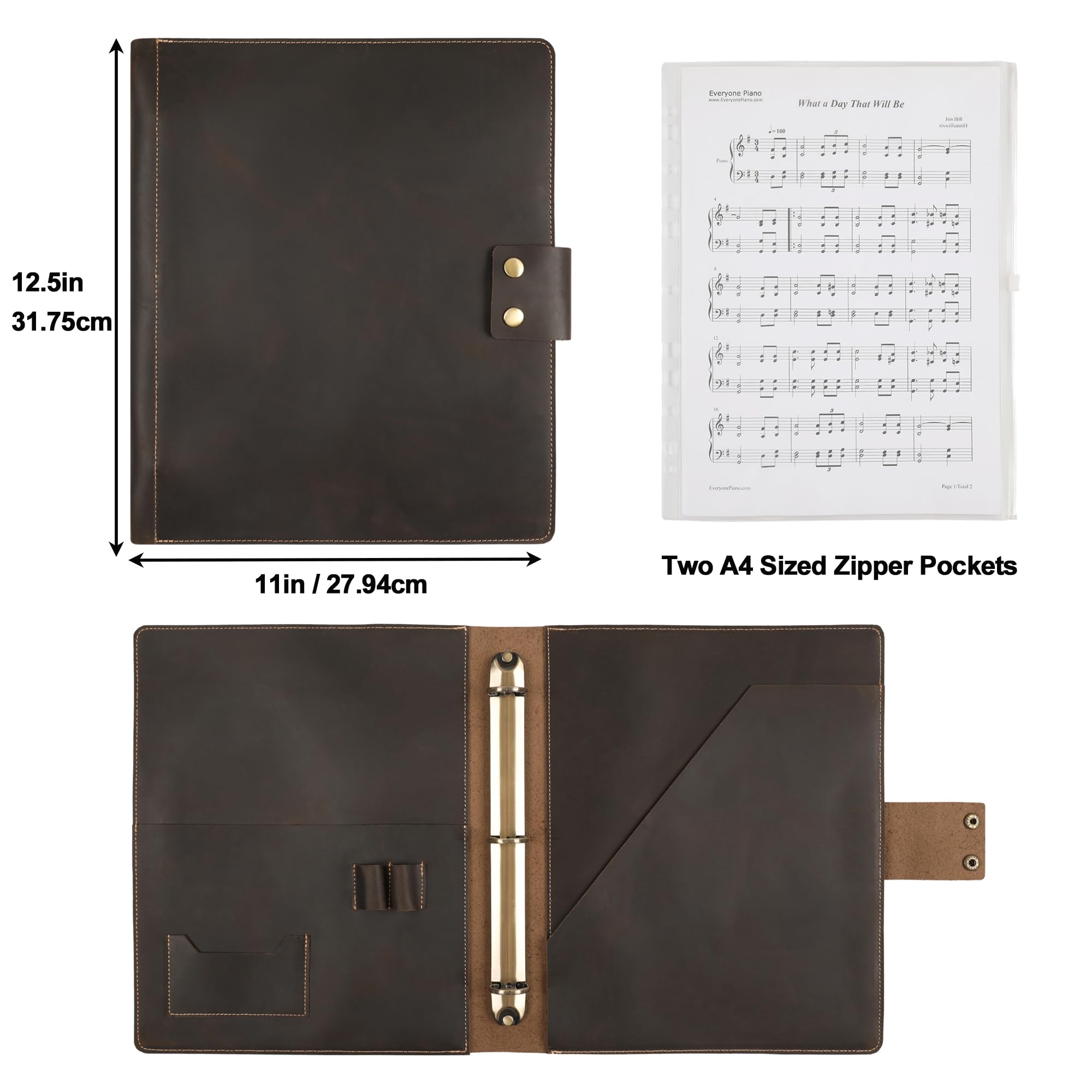 Handgefertigter Notenordner aus Leder, Notenhefter, personalisierter Notenhalter, Lederbinder mit 3 Ringen für 21,6 x 28,9 cm Notenblätter mit transparentem Blattschutz, dunkles Kahki