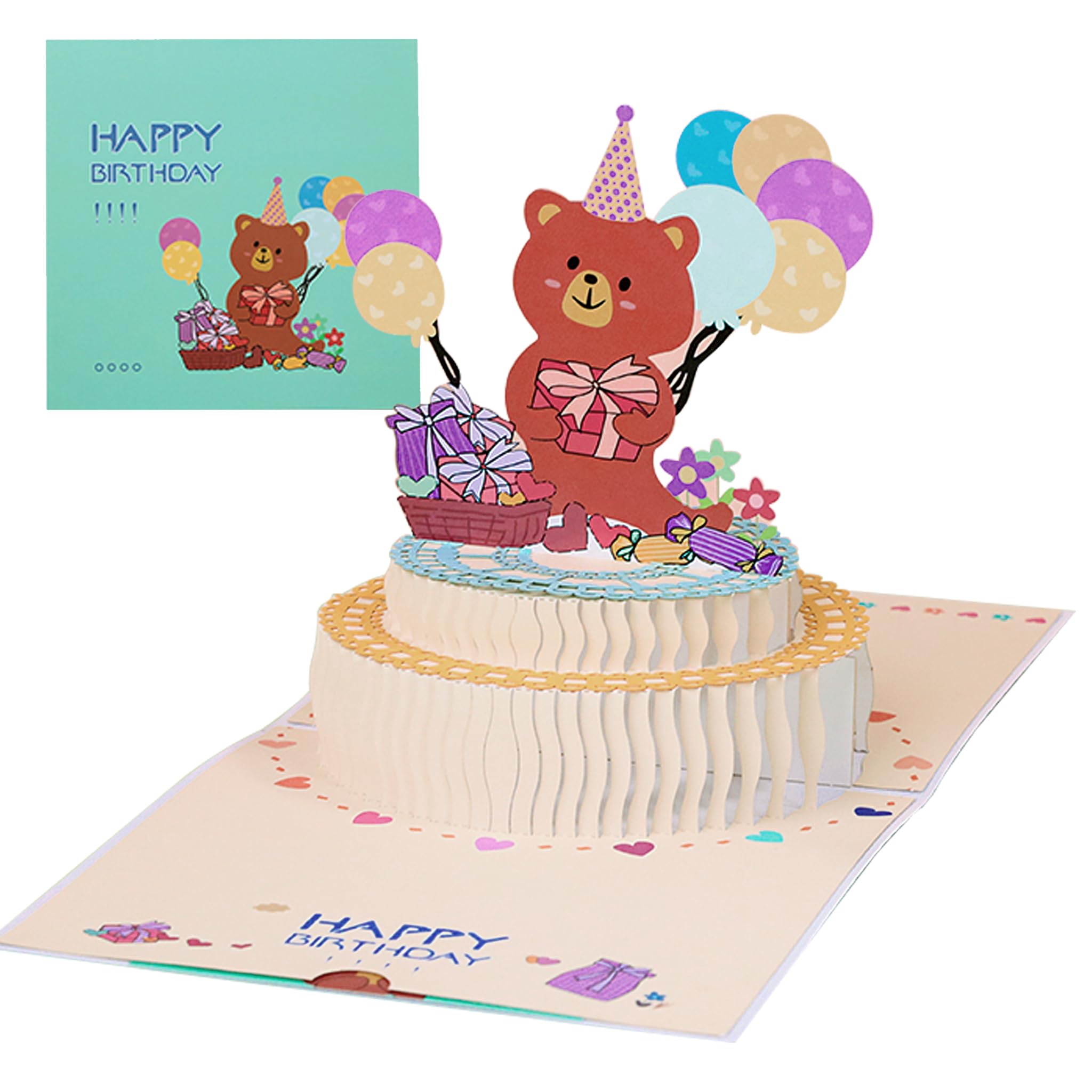 KUKUTrue® 3D Birthday Card with Bear and Colorful Cake, Happy Birthday Motif, Pop Up Card for Girls and Daughter, Funny Birthday's Card, Surprise Card for Family Friends — image 1