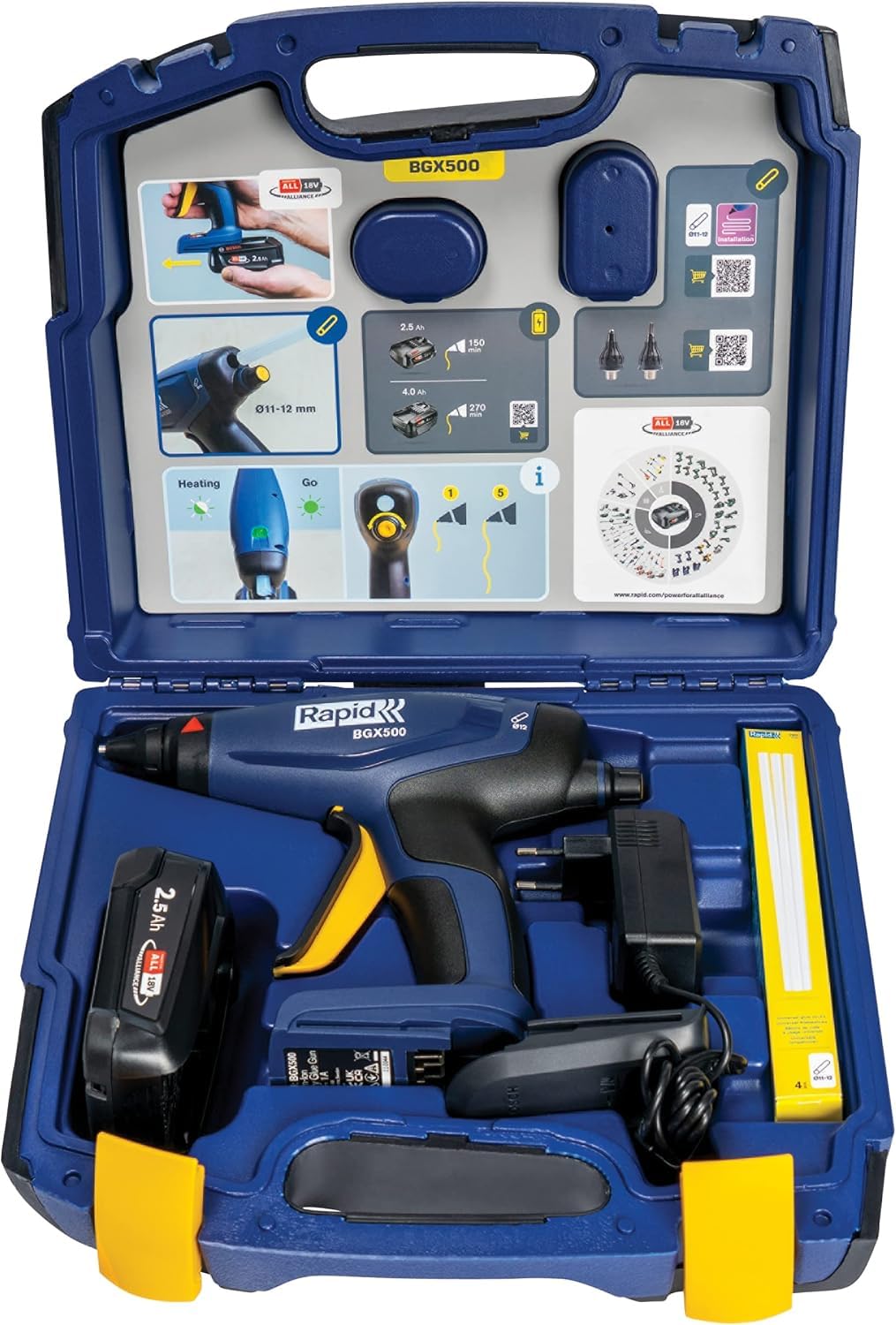 Rapid, Bezprzewodowy Pistolet do Klejenia Rapid BGX500, Akumulator 18 V, Szybkie Nagrzewanie, Lampka Kontrolna, Ergonomiczny Uchwyt, do DYI i Instalacji, Zestaw z Baterią i Ładowarką (5001514)