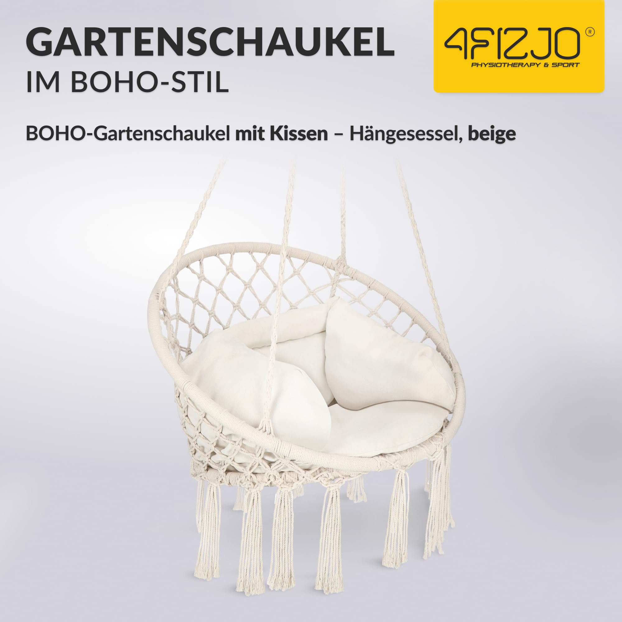 4FIZJO Hängesessel Boho mit Kissen, Makramee hängesessel, Garten schaukel, Hängekorb, Schaukelkorb, Therapieschaukel Kinder, Hängesessel Indoor & Outdoor, Hängesitz, Maximale Belastung 125 kg, Beige