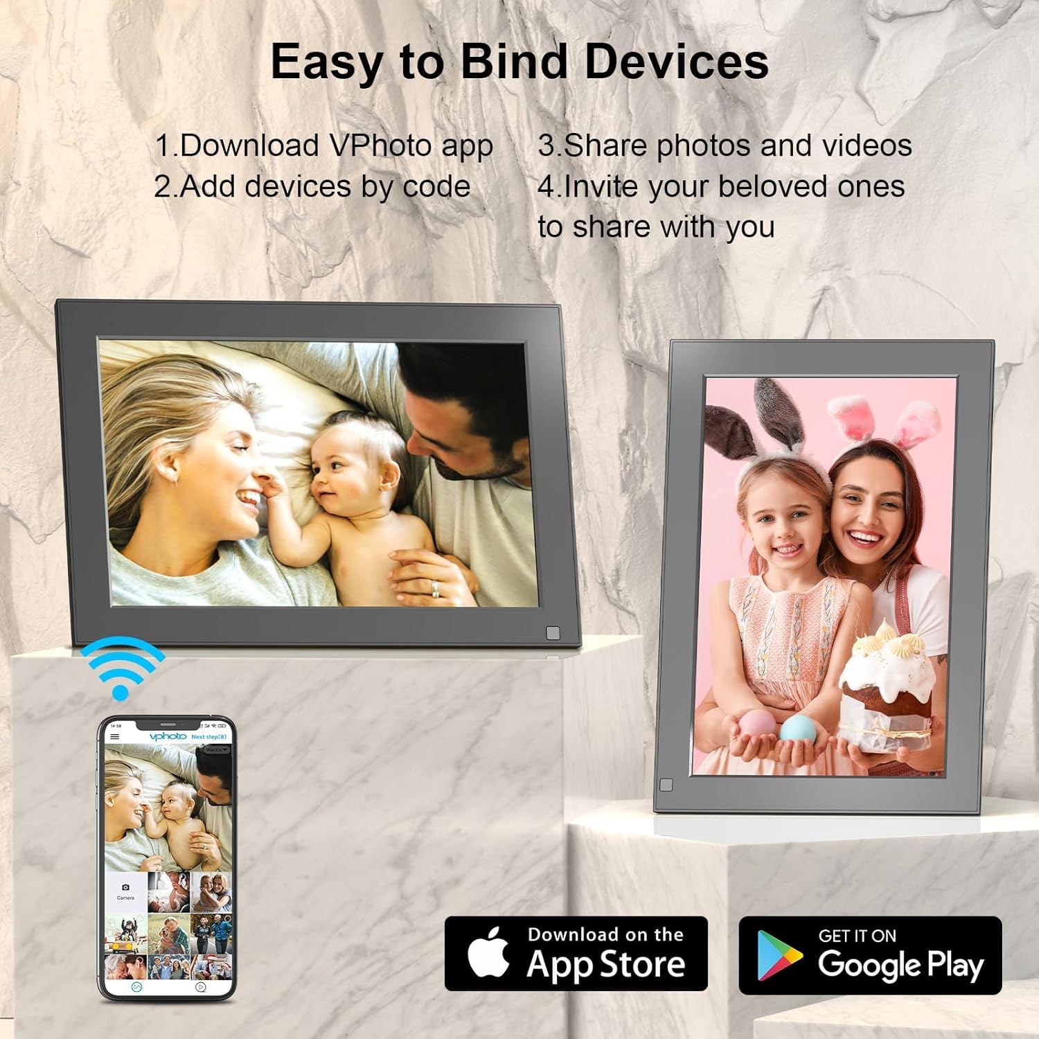 The smart picture frame in landscape orientation, displaying a family photo, with text 'Happy Family' below it.