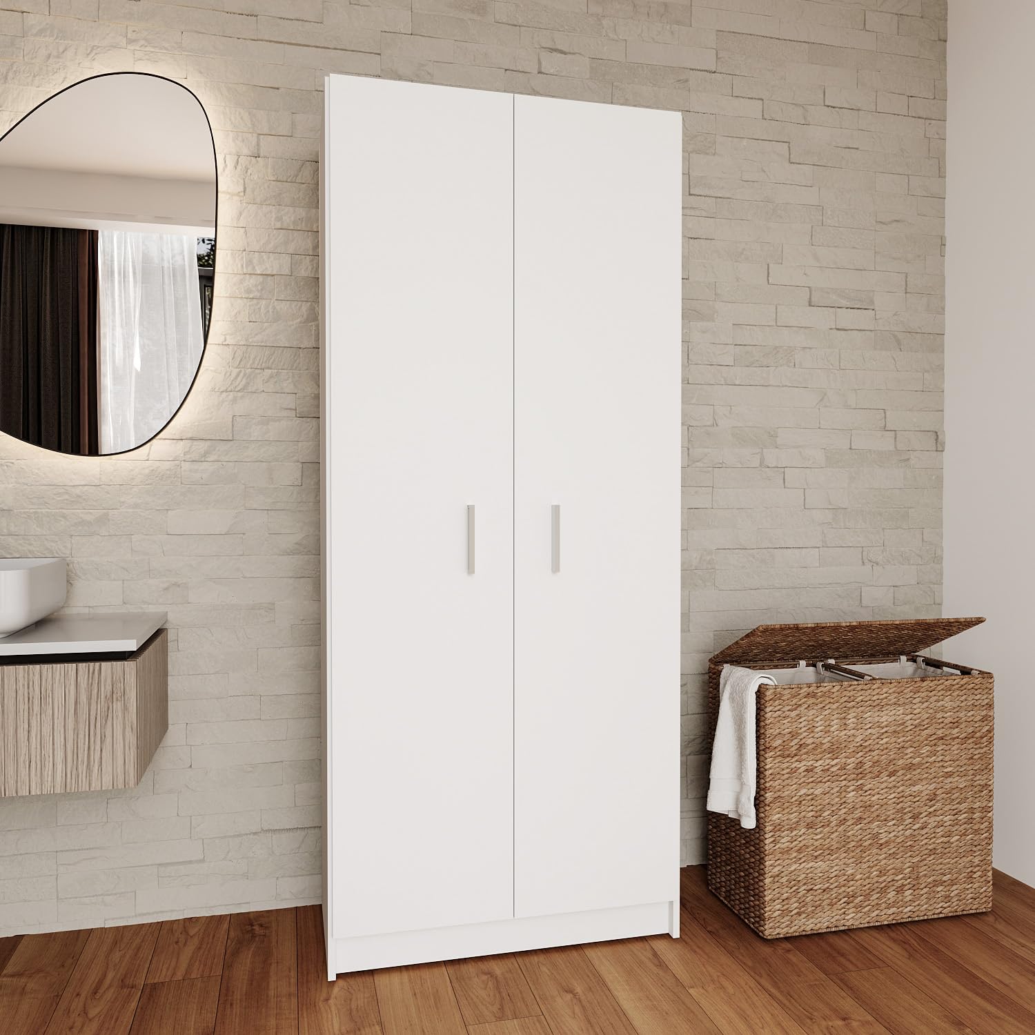 Bricozone Armadio Multiuso In Melaminico Bianco Opaco Con 2 Ante Maniglie Metalliche E Ripiani Interni Spazio Per Scope Asse Da Stiro Elettrodomestici Adatto Per Casa Garage Cucina Lavanderia