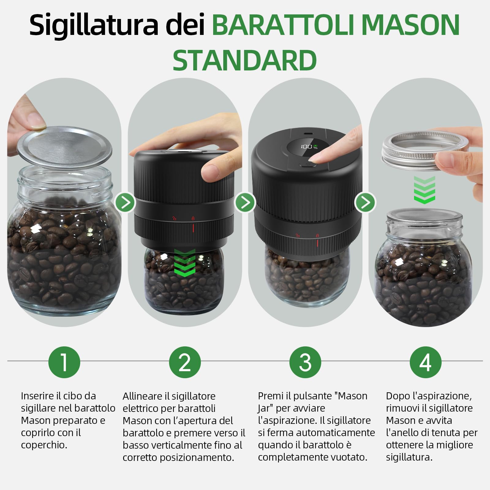 Elctrtici Mason Jar Vacuum Sealer, Macchina Sottovuoto per Barattoli Vetro, Kit Sigillatore Sottovuoto Elettrico per Barattoli da Muratore, Conservazione Alimenti, Nero (Versione Aggiornata)