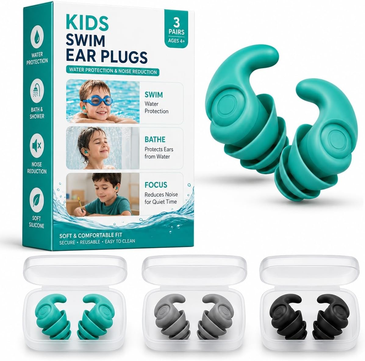 3 Pairs Swimming Ear Plugs, Waterproof Silicone Swim Earplugs for Kids, Reusable Ear Plugs for Swimming, Showering, Bathing, Surfing & Water Sports, Help Keep Water Out