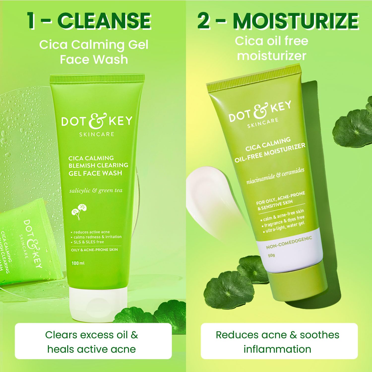 Dot & Key Cica Calming Blemish Clearing Face Wash 100ml & Cica & Niacinamide Spot Reduction Oil Free Moisturizer - 50g | For Acne Prone Skin | Skin Care Combo | For Women & Men 1