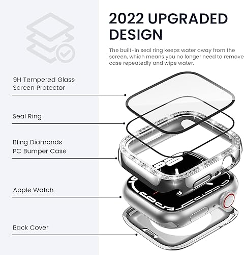 Miniatura 3 de Tensea Funda protectora de pantalla impermeable 2 en 1 para Apple Watch Series 8 y 7 de 1.772 pulgadas, accesorios de 1.772 in, cubierta facial de