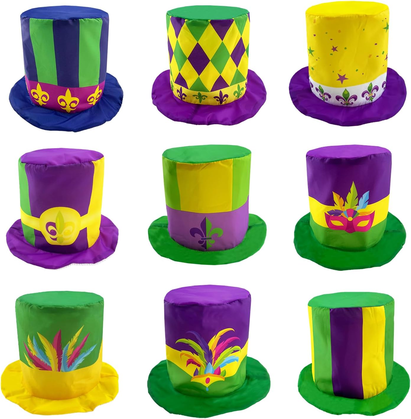 9 Assorted Pattern Mardi Gras Top Hats Funny Party Costume Hat Pohto Booth Props Drees Up Hats for Adult Teens