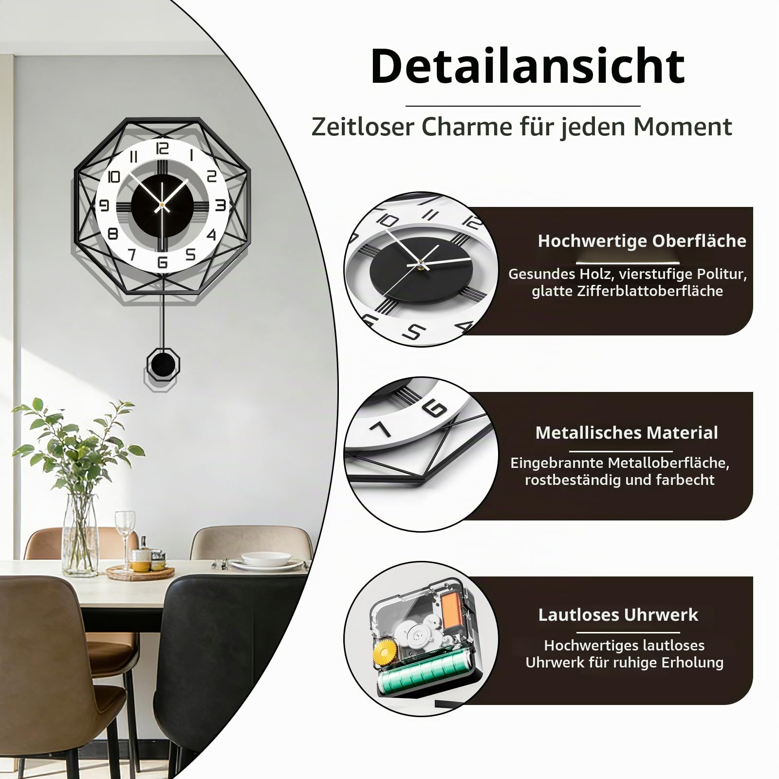 Wanduhr Groß Modern Schwarz für Wohnzimmer Holz ohne Tickgeräusche | 43cm Uhrwerk für Wanduhr mit Pendel Lautlos ohne ticken , pendeluhr wanduhr aus Metall für Schlafzimmer Küche Dekorative