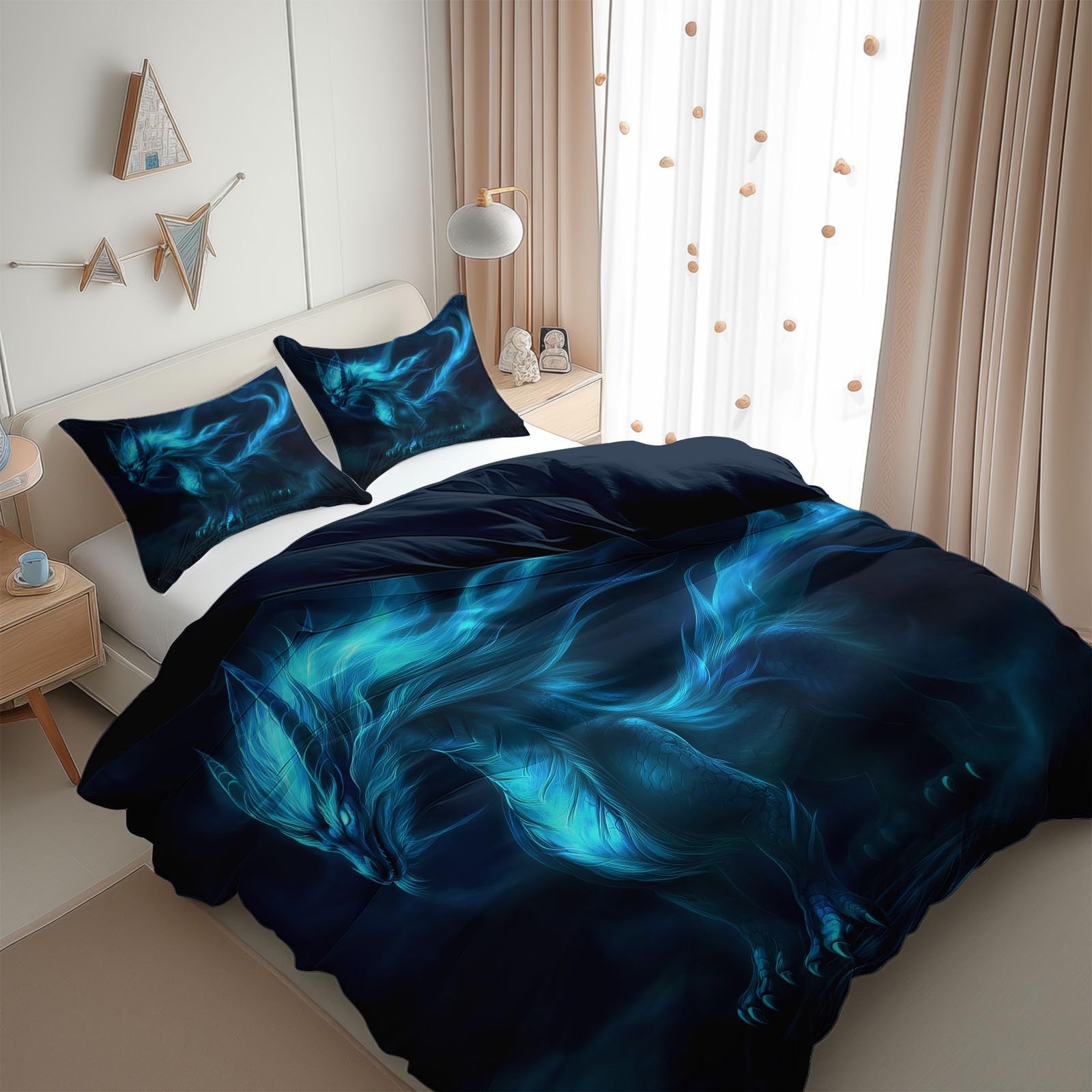 Bettwäsche 200 x 220 cm 3teilig Fantasie Riesendrache Anime Wendebettwäsche Set, Weich Kuschelig Microfaser Schwarz Kinderbettwäsche Teen Bettbezug mit Reißverschluss und 2 Kissenbezug 80x80cm