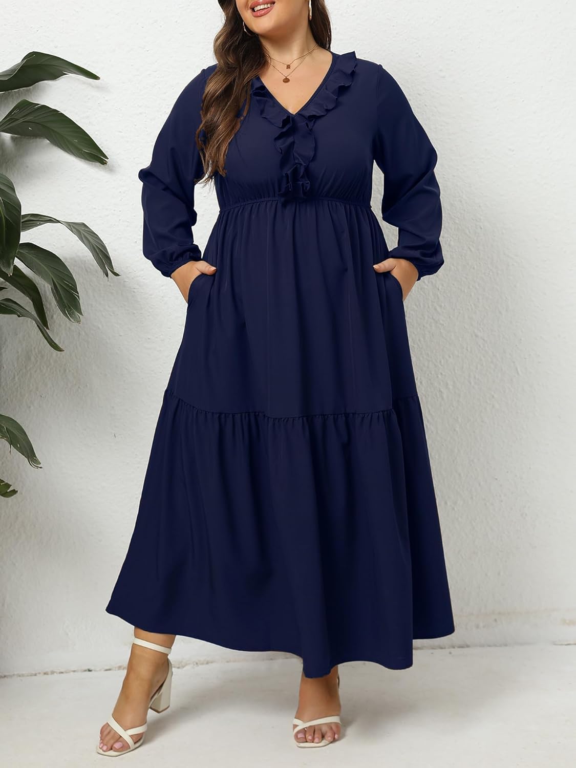 Moon Wood Women's 2025 Plus Size Casual Dress V Neck Ruffle Long Sleeve Dress Maxi Dresses with Pockets - Image 2