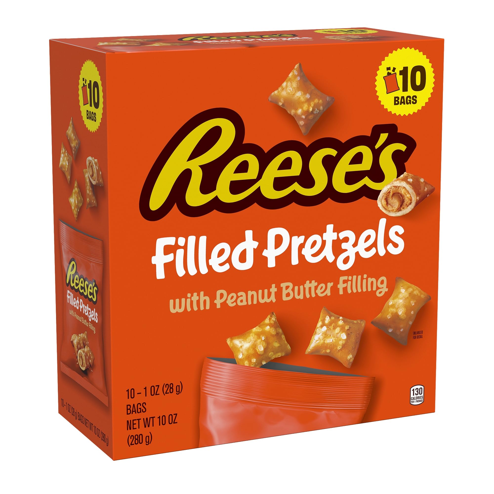 Reese's Filled Pretzels, Peanut Butter Pretzel Nuggets, Crunchy, Ready to Eat, Sweet and Salty Snack, 1 oz Bags (10 Count)
