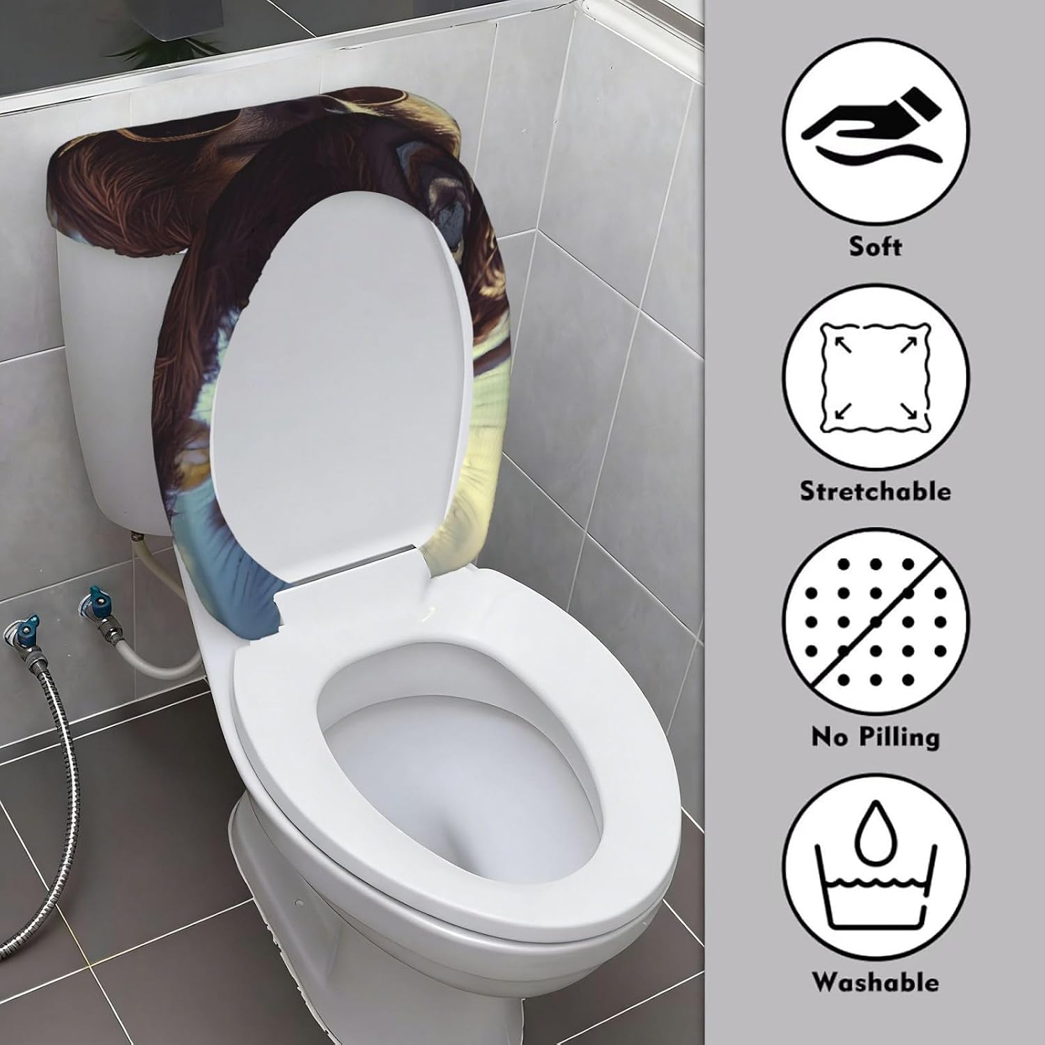 2 Pcs Toilet Lid Cover and Toilet Tank Lid Cover, Washable Toilet Cover with Elastic Bottom Replacement Soft Stretch Toilet Seat Cover Set Sloth with sunglasses Bathroom Decor